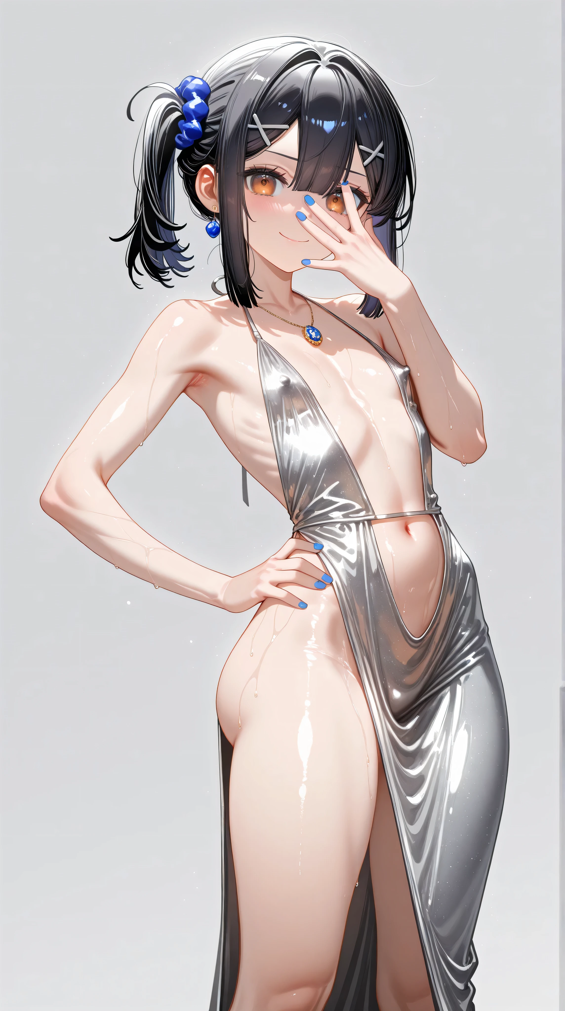 1girl,(Miyu Edelfelt),loli,toddler,petite,cute face,black hair,brown eyes,evil smile,solo,huge ass,colored skin,erect nipples, jewelry, dress,necklace, bangs,x hair ornament, bare shoulders, side ponytail, halterneck, plunging neckline, sidelocks, halter dress, backless outfit, silver dress, nail polish, backless dress,closed mouth, blush, revealing clothes, earrings, hairclip, sweat,evening gown,jonathan joestar pose, jonathan joestar's pose (jojo), jojo pose, covering face,hand on hip,standing,legs apart,leaning back,center opening,navel,thighs, blue nails, flat_chest, official alternate costume, hair between eyes, best quality, amazing quality, very aesthetic, absurdres,masterpiece,best quality,newest,highres,absurdres,very awa,shiny skin,(artist:loika:0.5),(artist:xiaoshou xiansheng:0.8),artist:rin31153336,artist:gawako,(oiled),