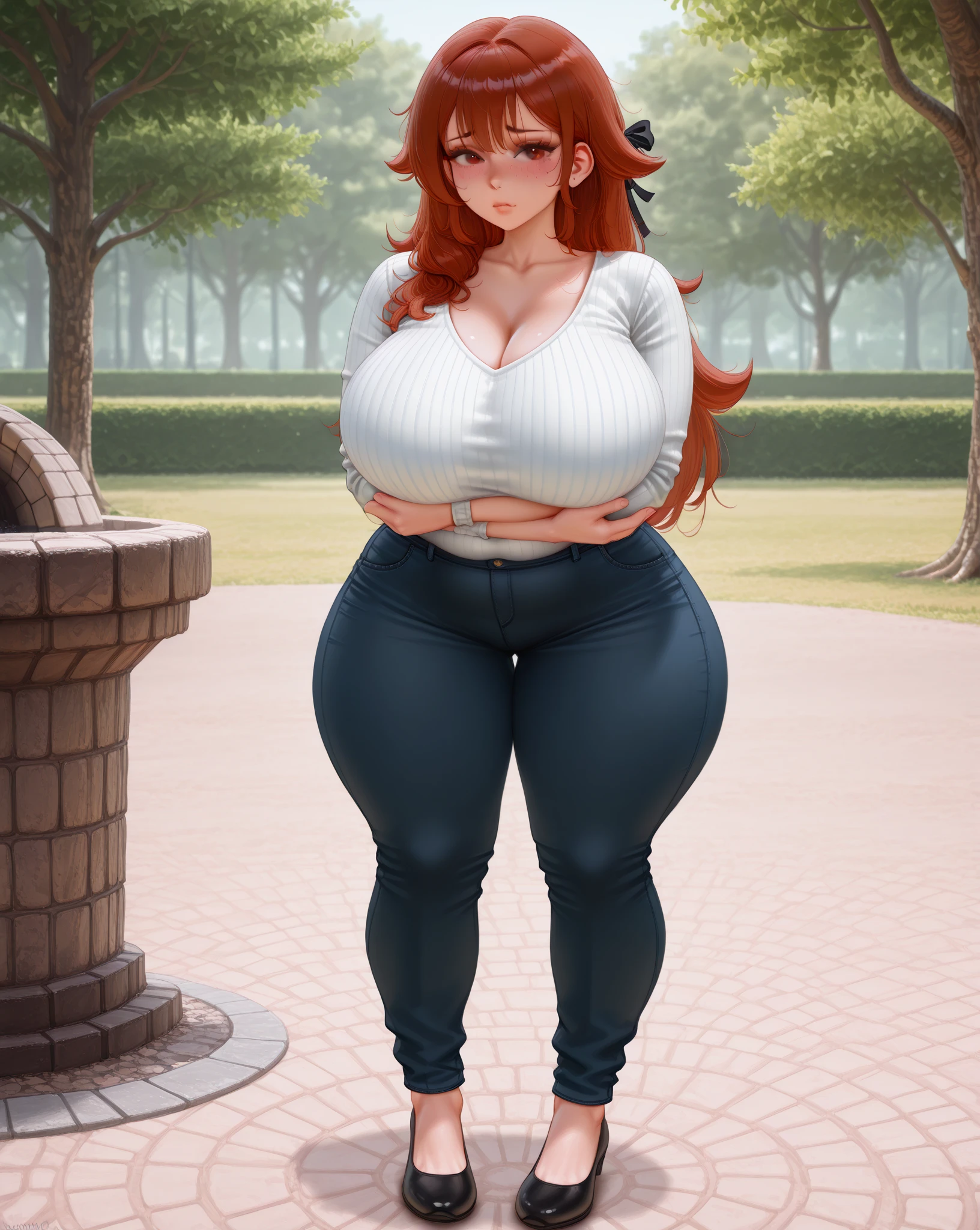 a one woman, long straight red hair, of the whole glass, perfectbody, muslos grandes, blue colored eyes, Chubby Girls, freckles on the face, face detailed, skirt short, standing, in a park, ray tracing, high resolution, super detaill, 8k, Overview