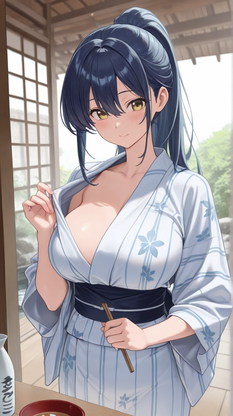 Cute beautiful girl、(Large Breasts:1.4)、naked、(Cute Smile, Blushing, :1.2)、Open yukata,Long Hair