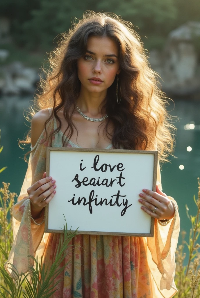 Beautiful girl with wavy long hair, bohemian dress, holding a white board with text "I Love Seaart Infinity" and showing it to the viewer