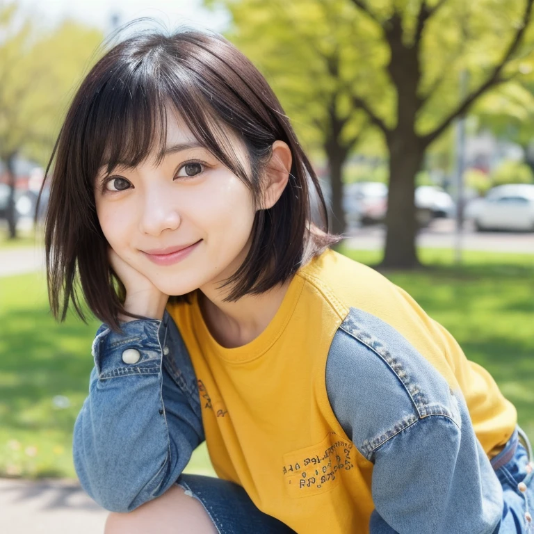 Top quality, 1 beautiful woman, super short Hair, gold hair, shy-smile, fullbody, sneaker, Black t-shirt & pants