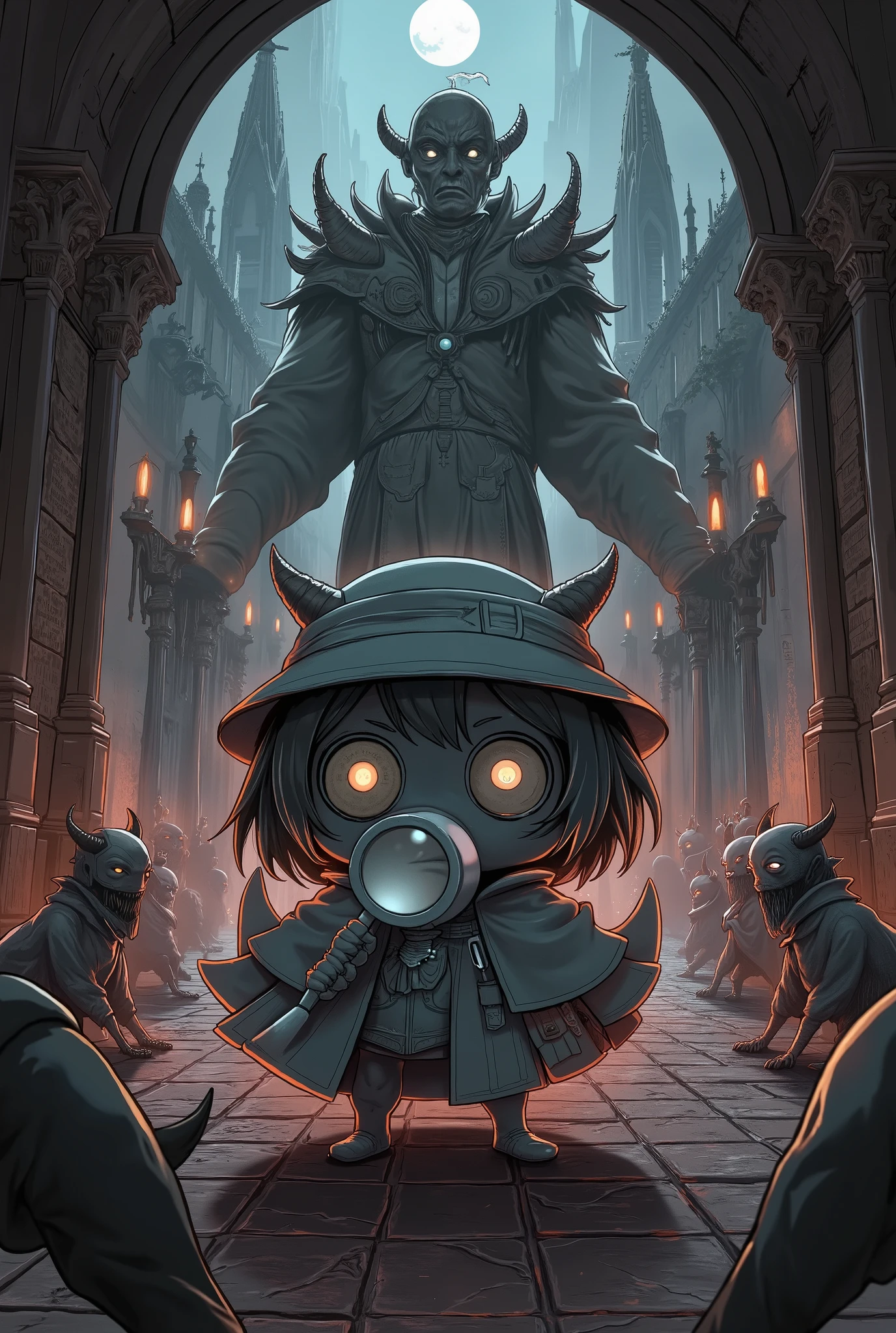 ultra detailed, absolutely resolution, masterpiece, a detective from the underworld (=_=), like a little monster, a side parted hairstyle, holding a big magnifying glass, wearing a tulip hat, a cloak, BREAK background an old castle that combines northern renaissance and gothic styles, a giant underworld king, low-level demons staring suspiciously, those bowing down, a dark horror worldview, highly detailed, sharp focus, vivid colors, soft lighting, cinematic composition