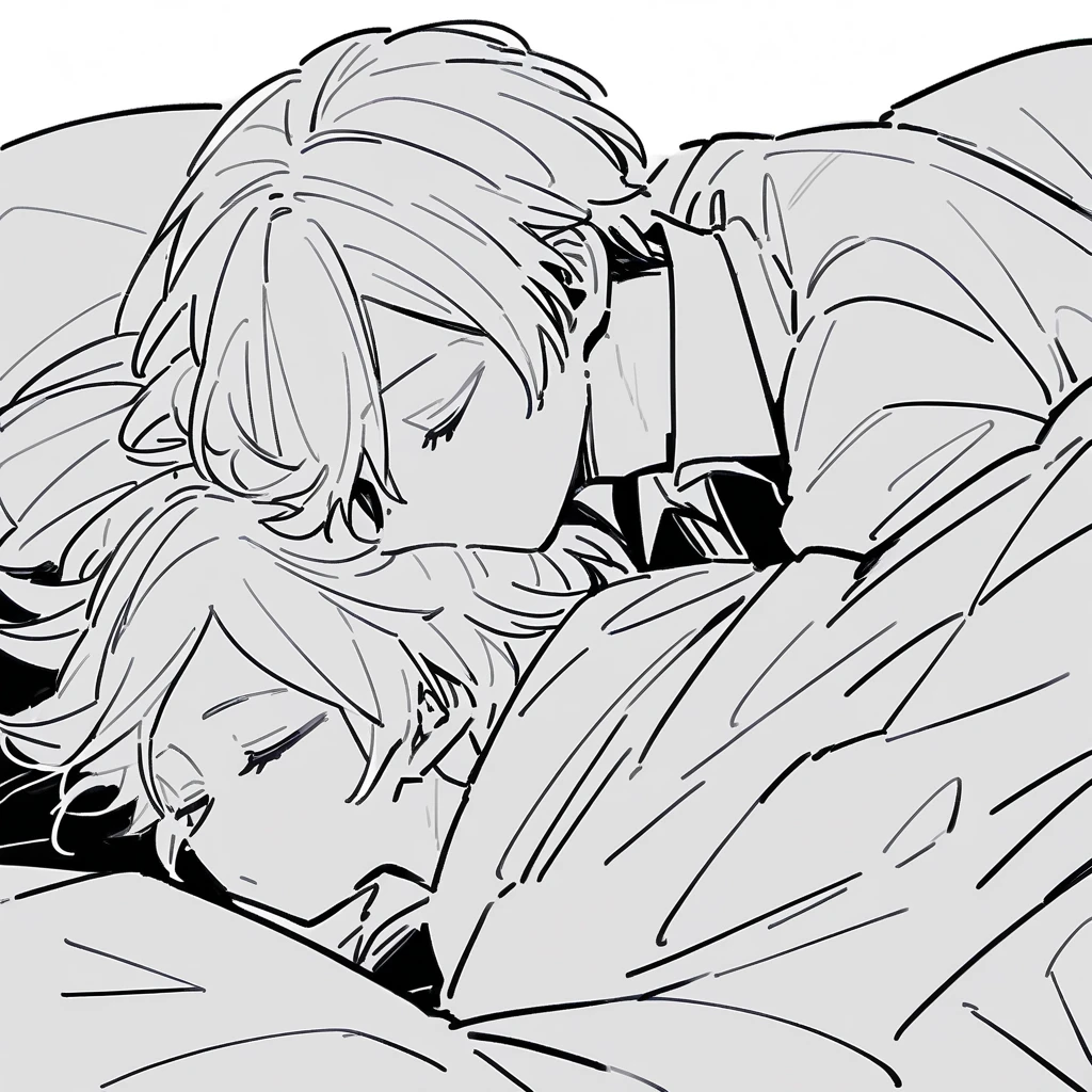 "Generate an image of Akito, a masculine man, giving Yuu, a and adorable boy, a kiss in bed before going to work."