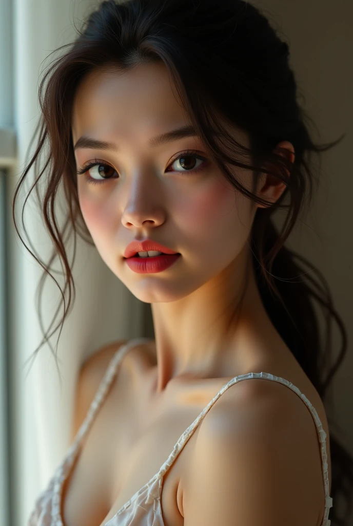 An Asian woman in a black tank top, with the close-up focusing on her bare shoulders and elegant neckline, her skin glowing like silk under soft lighting.