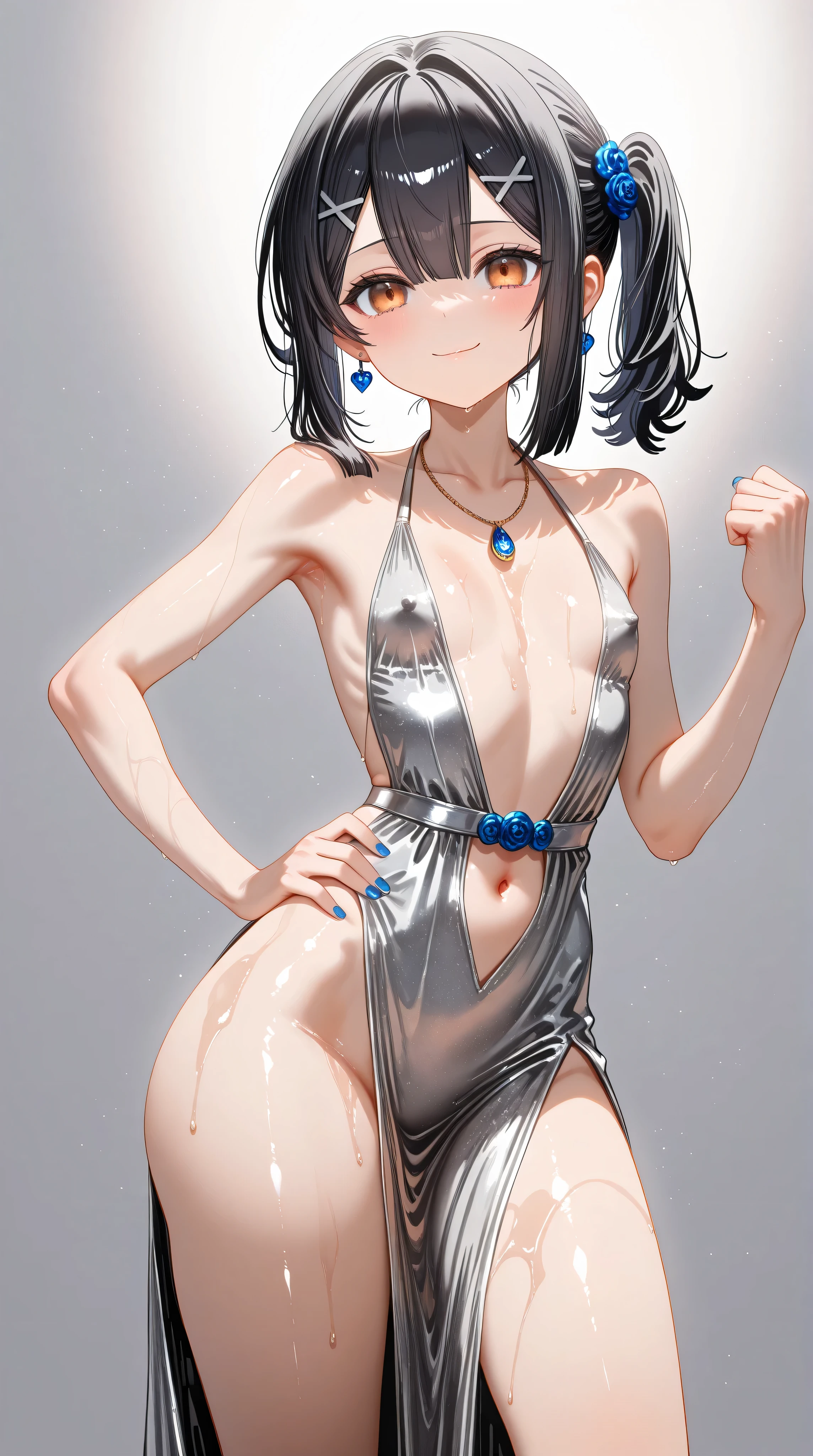 1girl,(Miyu Edelfelt),loli,toddler,petite,cute face,black hair,brown eyes,evil smile,solo,huge ass,colored skin,erect nipples, jewelry, dress,necklace, bangs,x hair ornament, bare shoulders, side ponytail, halterneck, plunging neckline, sidelocks, halter dress, backless outfit, silver dress, nail polish, backless dress,closed mouth, blush, revealing clothes, earrings, hairclip, sweat,evening gown,giorno giovannas pose, giorno giovanna's pose (jojo), jojo pose, hand up, arm up, clenched hand, hand on hip,,standing,legs apart,leaning back,center opening,navel,thighs, blue nails, flat_chest, official alternate costume, hair between eyes, best quality, amazing quality, very aesthetic, absurdres,masterpiece,best quality,newest,highres,absurdres,very awa,shiny skin,(artist:loika:0.5),(artist:xiaoshou xiansheng:0.8),artist:rin31153336,artist:gawako,(oiled),