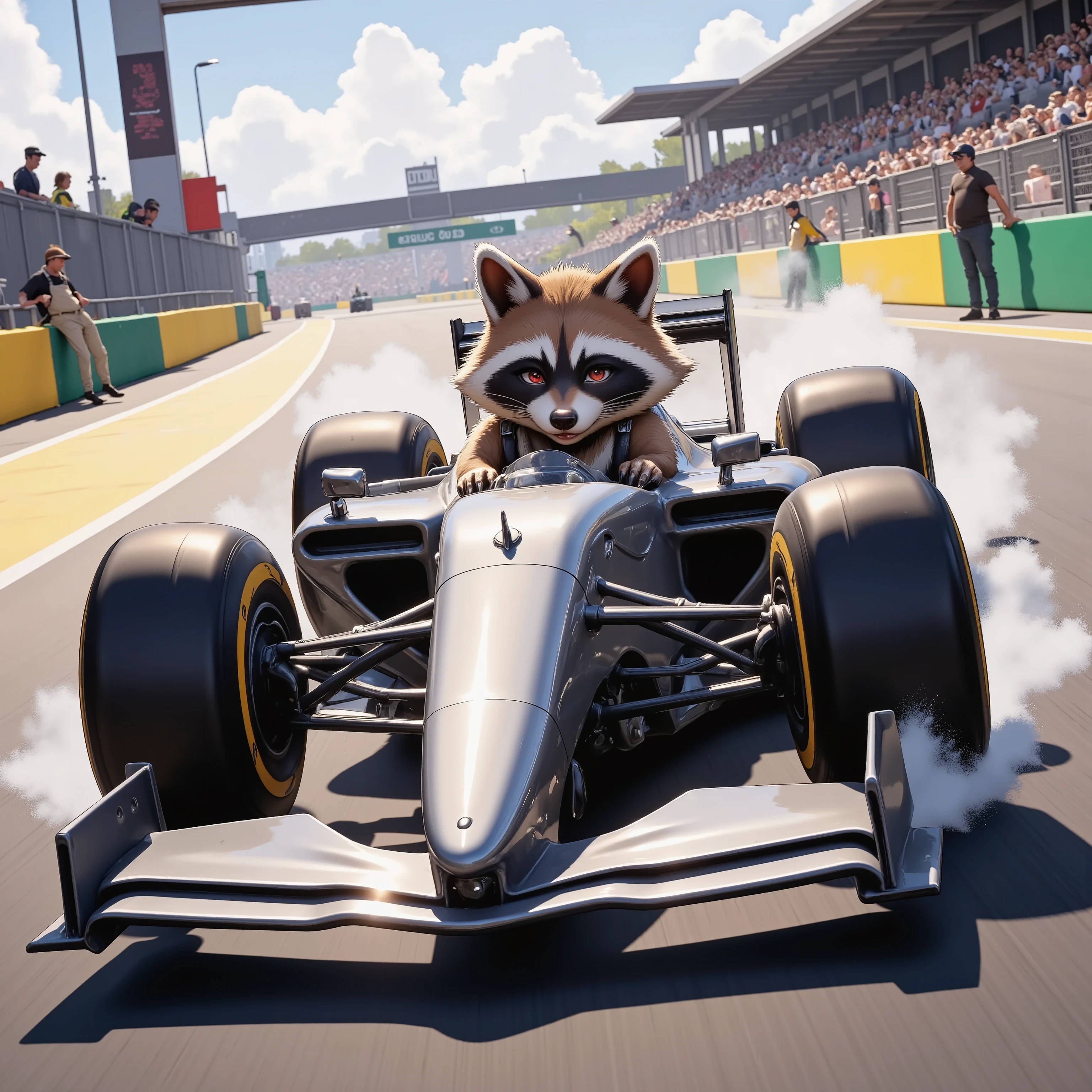 ((Best Quality)),( super high definition),(Super detailed),( detailed description ),((The best CG)),(masterpiece), (The raccoon is driving at F1car,exciting,drifting ),(F1race:1.5)