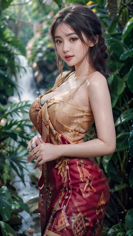 Woman body set large breasts, wearing Patung cosplay, detail ,gigantic breast,masterpieces, showering, wet body, holding shower, added blackk tattoos on her thighs.
