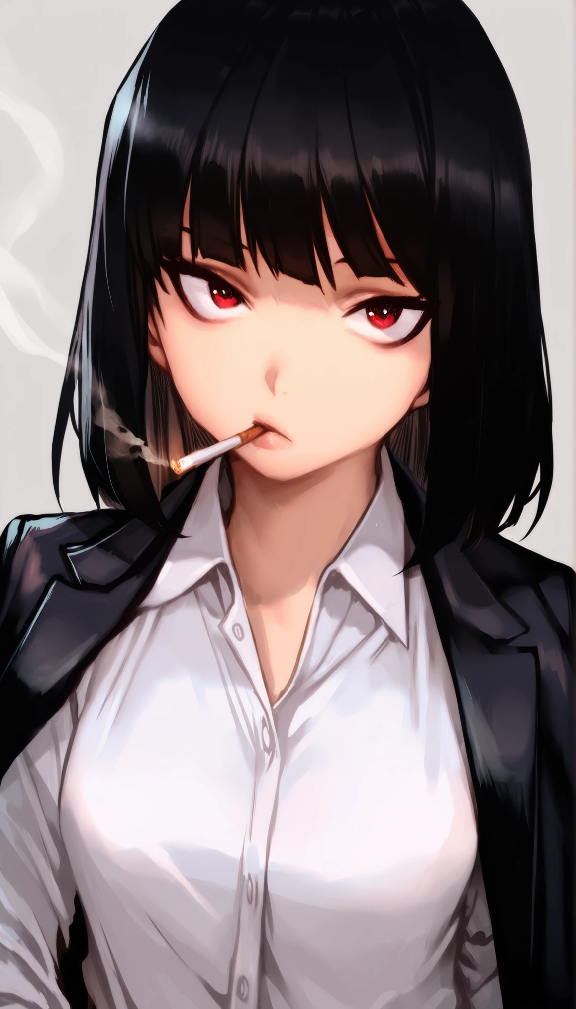 by ponsuke (pon00000), by hungry clicker, sketch, watercolor pencil, ryoshu (project moon), 1girl, solo, black hair, unkempt, wispy bangs, medium hair, messy hair, sanpaku, red eyes, small breasts, mature woman, dress shirt, black jacket, suit jacket, jacket over shoulders, smoking, cigarette, head tilt, bored, looking at viewer, frown, grey background, simple background, masterpiece, best quality, amazing quality