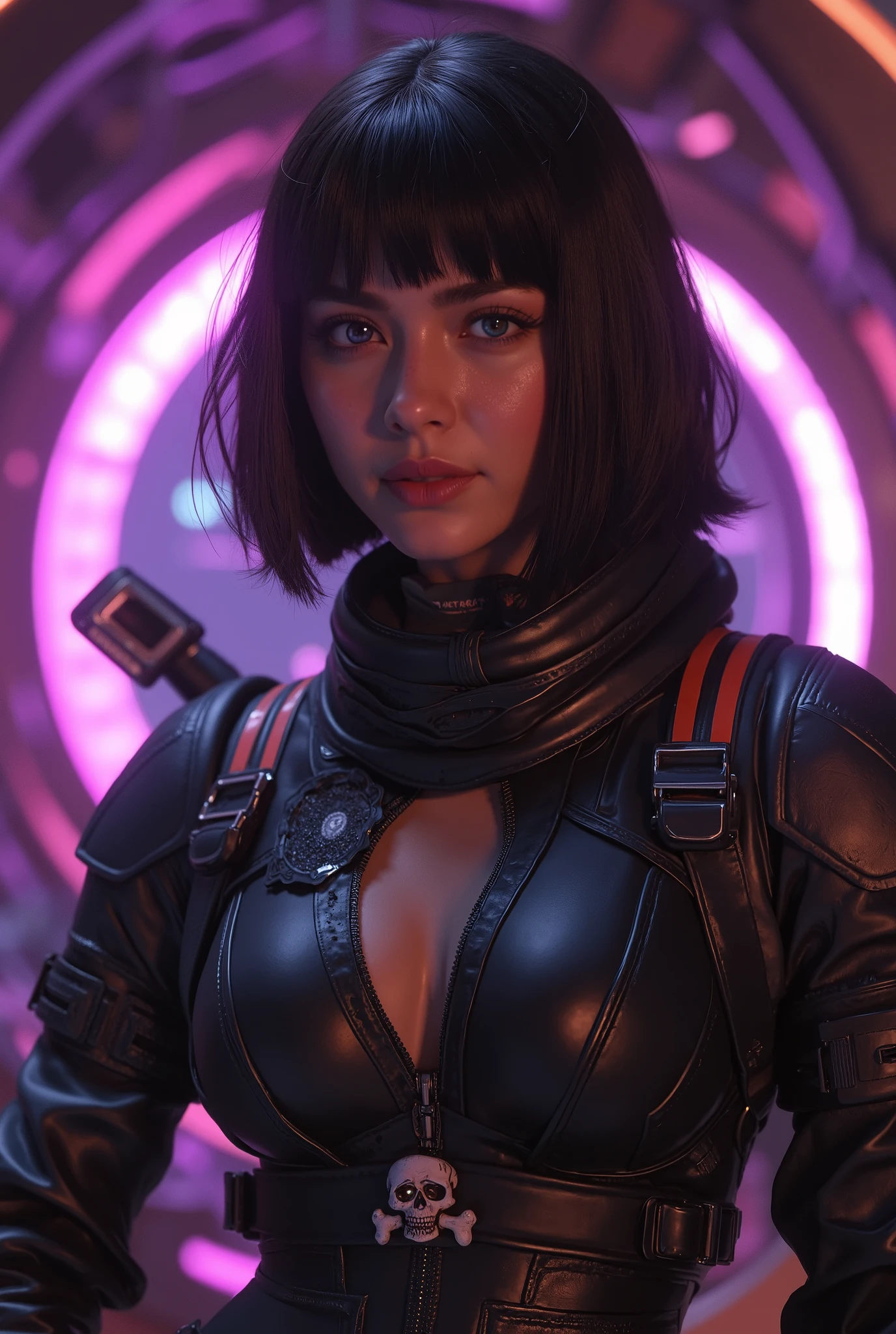 ((top quality)), (Masterpiece)), ( Details: 1.4), 3d, An absurd resolution, high definition, (Masterpiece: 1.4), ultra detail, 1 beautiful Mexican girl, (dark skin:1.4), bangs, image of the futuristic pirate woman, skull and crossbones mark, female space pirate, Shiny brown short hair, beautiful iridescent blue eyes, beautiful faces, toned body, muscular, 20 years old, seductive smiling, Spaceship, (floating:1.9), small, (matte black and purple and orange Space Suit:1.4), Tight fitting space suit that accentuates the body lines, Spaceship, window, future, dynamic poses, Costume Change, cinematic lighting