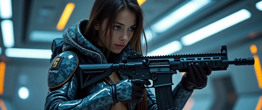 obra maestra, mejor calidad, Emilia Clarke as Qi'rand Darth Maul, brunette curly long hair, in a futuristic room throne room near a window at night, wide open eyes, wears a mini red futuristic skirt , wears a black top, misterious, masterpiece, 8k, dinamic pose, holding a star wars gun,