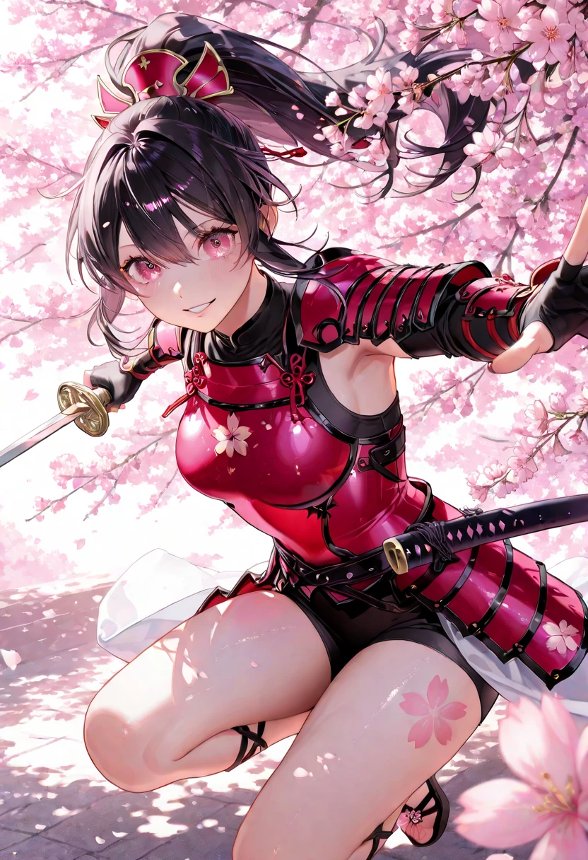 masterpiece, high res, detailed face, detailed eyes, 1 girl, solo, wind, slender, angry, short hair, brown hair, brown eyes, pink outfit, japanese gauntlets, fishnet, full body, ninja pose, kunai, cowboy shot, indoors, japanese castle, throwing knifes <lora:Kasumi:1>