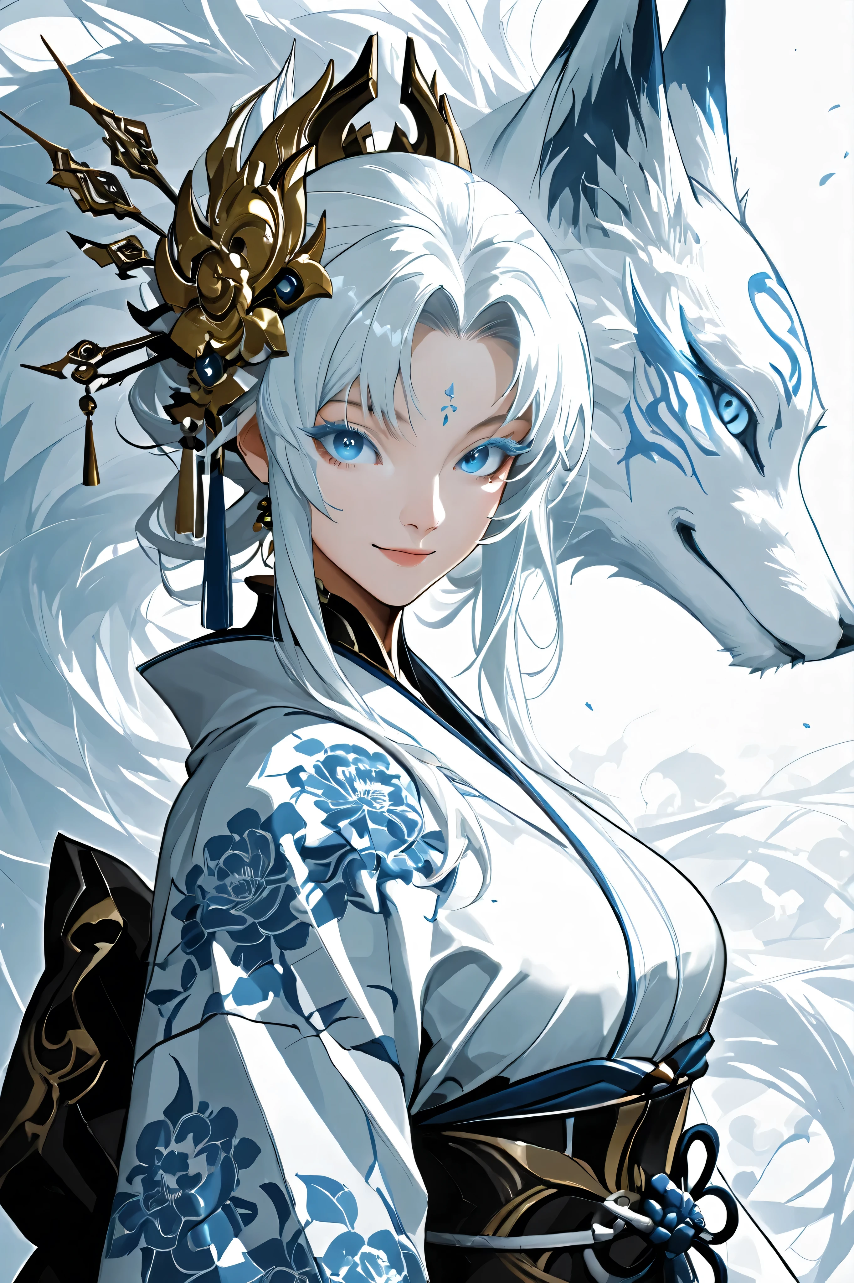 1girl, stylish yukata, long white hair,Colored eyelashes, bright blue eyes, breast, upper body,side view, dynamic angle, goddess fox, jewelry,hair ornament, mythical fox, nine tailed fox,orbs,Blue color gradation,score_9,score_8,score_7_up,source_anime, manga style art, monochrome, Grayscale,HD, masterpiece, 8k wallpaper, Highly detailed, detailed face and eyes, perfect body, looking at viewer, smile, beautiful women, beast,