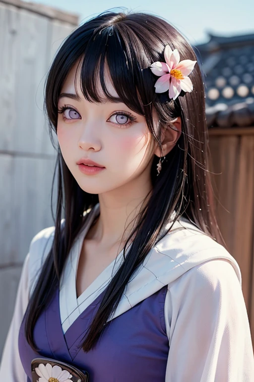 The image shows a woman with almost half of her body, selfie style in front of a DSLR camera, high resolution, clear photo quality, HD with striking blue eyes. His skin is white, and long straight black hair. This character is Hinata Hyuga, in the anime Naruto Shipunden. Transform her into a realistic character, wearing a Japanese kimono. beautiful and smooth face. funny, original, realistic, set in a Japanese residential street, very real, very detailed body, perfect body, thin smile expression, elegant face, detailed