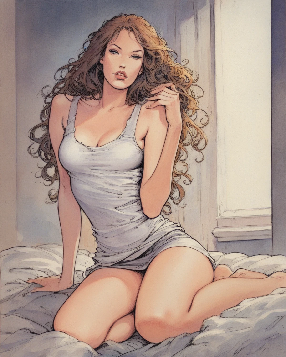 (best quality,4k,8k,highres,masterpiece:1.2),ultra-detailed,(realistic,photorealistic,photo-realistic:1.37),anime,portrait,beautiful smile,cute expression,shy and innocent gaze,sparkling eyes,long eyelashes,wavy hair flowing down,blush on cheeks, bright and vibrant colors,twinkling stars in the background,enchanting lighting, delicate shadows,soft and smooth skin texture,flowing dress with intricate patterns,open pose with legs crossed, feminity,charming atmosphere,love in the air,underwear with delicate lace details,subtle and tasteful,sensual and attractive but not explicit,graceful posture,creating a sense of mystery and intrigue,hand reaching out,as if inviting someone to join her in a magical world.