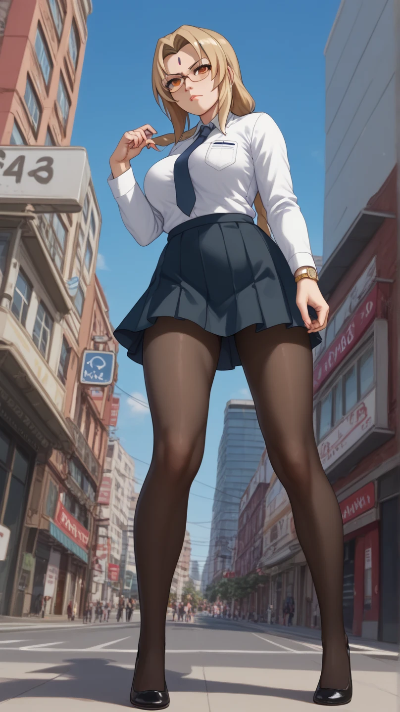 Hands on hips, Many building, trees, cars, (Dynamic pose), (miniskirt) Thicc ass:1.5, red hair, asymmetrical hair, hairclip, hair tie, half-closed eye, pout, anime, cinematic lighting, glowing light, first-person view, from behind, from below, 8k, super detail, super detail, high quality, best quality, garden, building