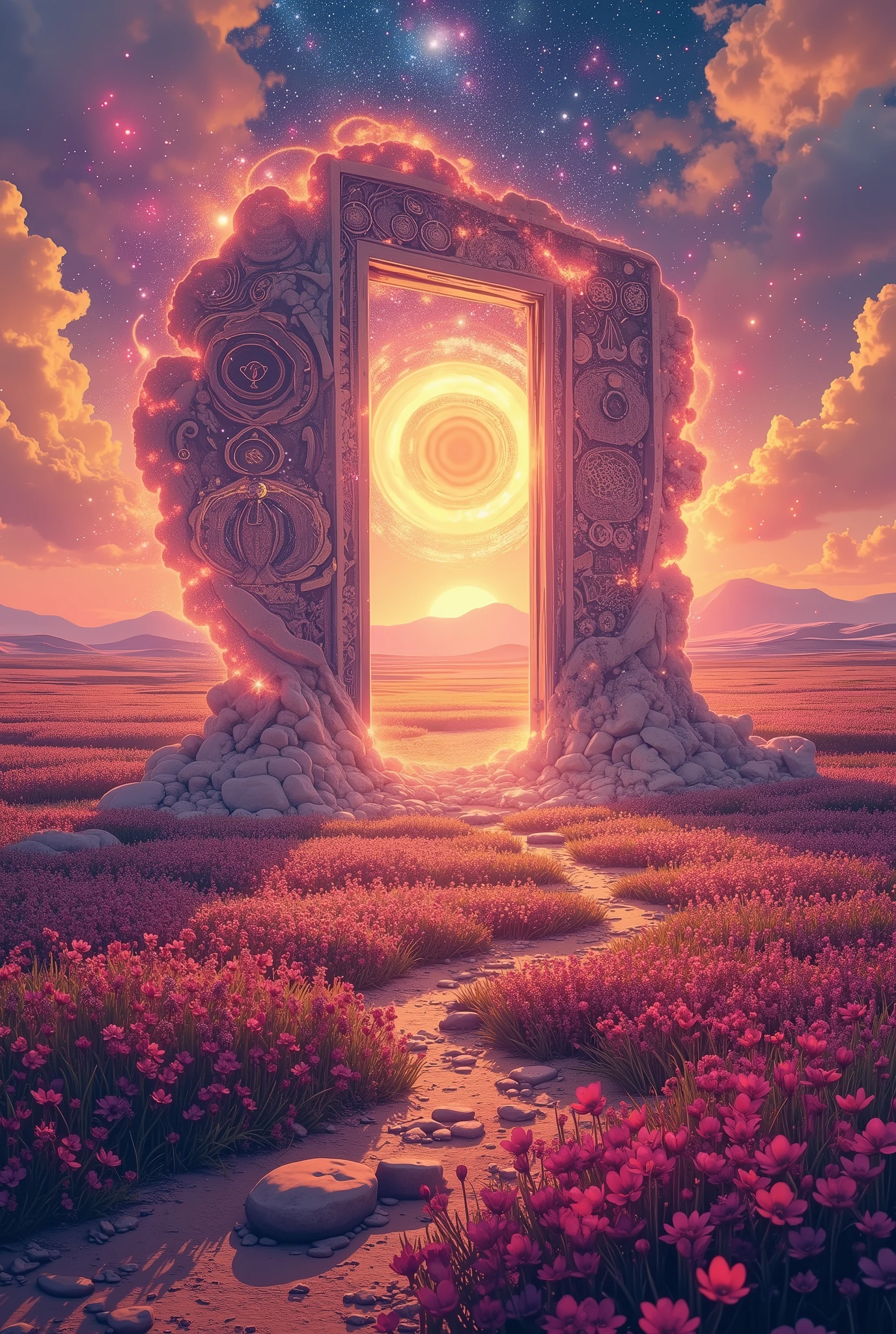 doorway to a field of flowers with a sunset in the background, doors that are cosmic portals, surrealism aesthetic, realism | beeple, beeple daily art, recusion beeple, portal to another world, portal to another universe, colorful flat surreal ethereal, beeple masterpiece, beeple colors, artem demura beeple