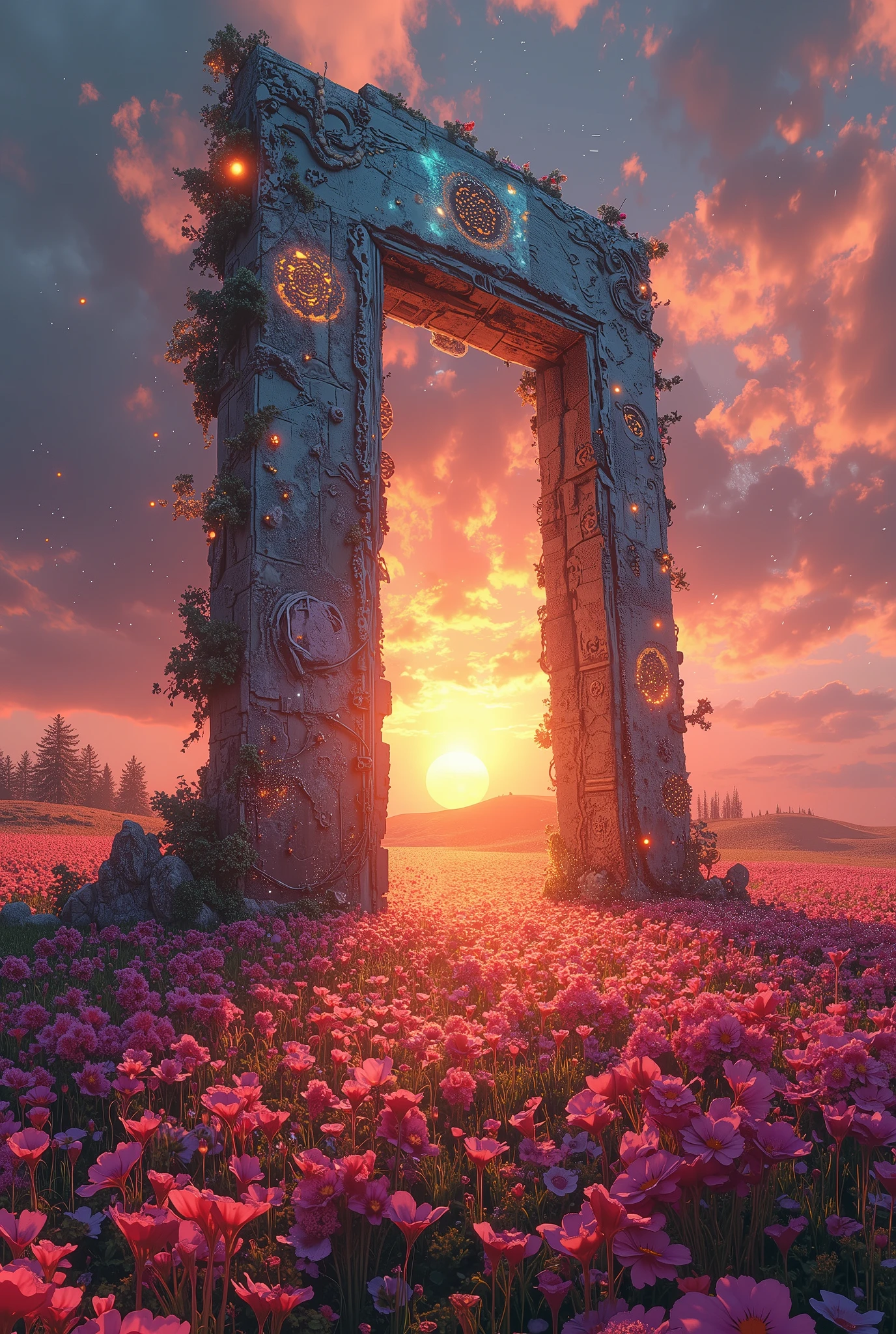 doorway to a field of flowers with a sunset in the background, doors that are cosmic portals, surrealism aesthetic, realism | beeple, beeple daily art, recusion beeple, portal to another world, portal to another universe, colorful flat surreal ethereal, beeple masterpiece, beeple colors, artem demura beeple