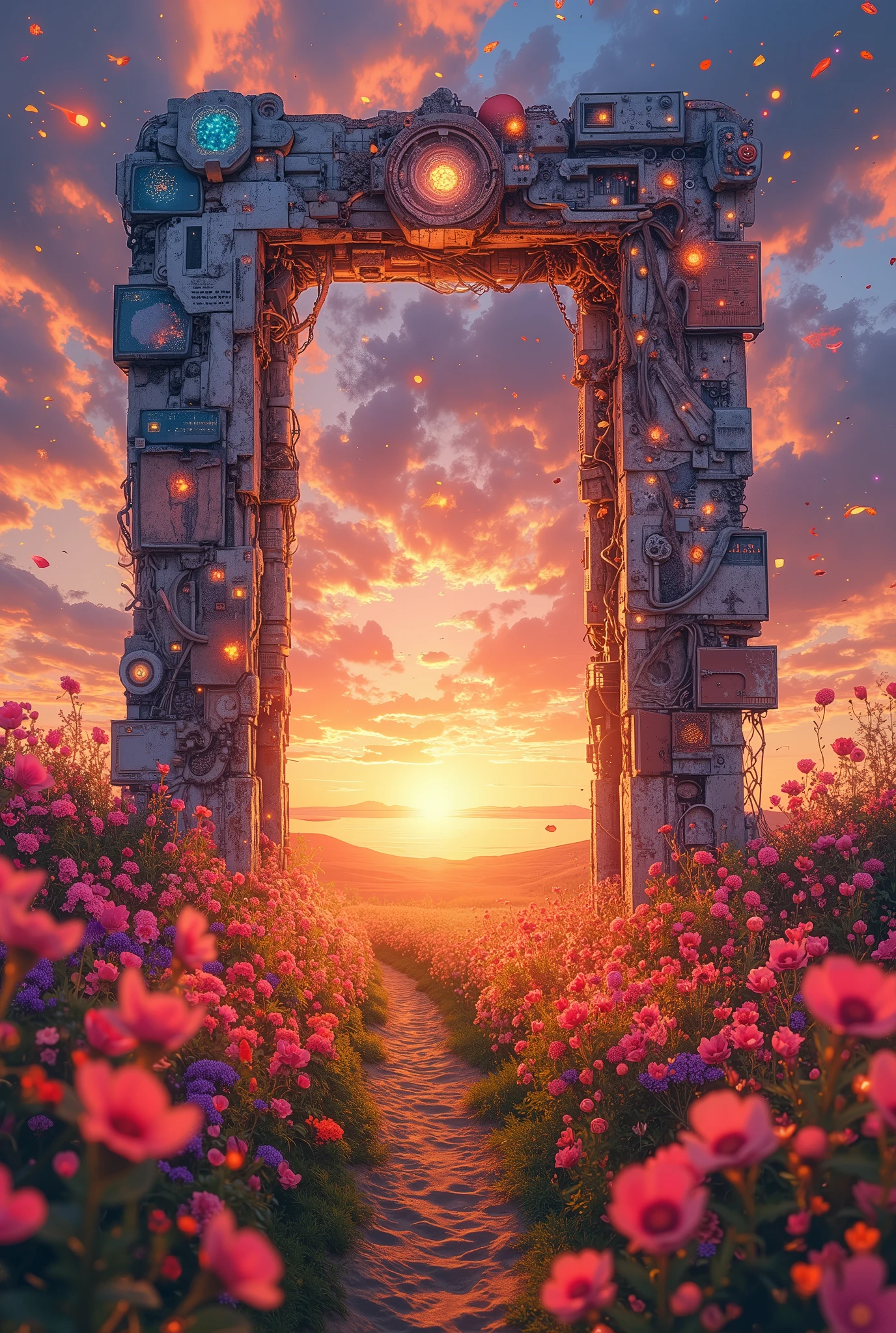 doorway to a field of flowers with a sunset in the background, doors that are cosmic portals, surrealism aesthetic, realism | beeple, beeple daily art, recusion beeple, portal to another world, portal to another universe, colorful flat surreal ethereal, beeple masterpiece, beeple colors, artem demura beeple