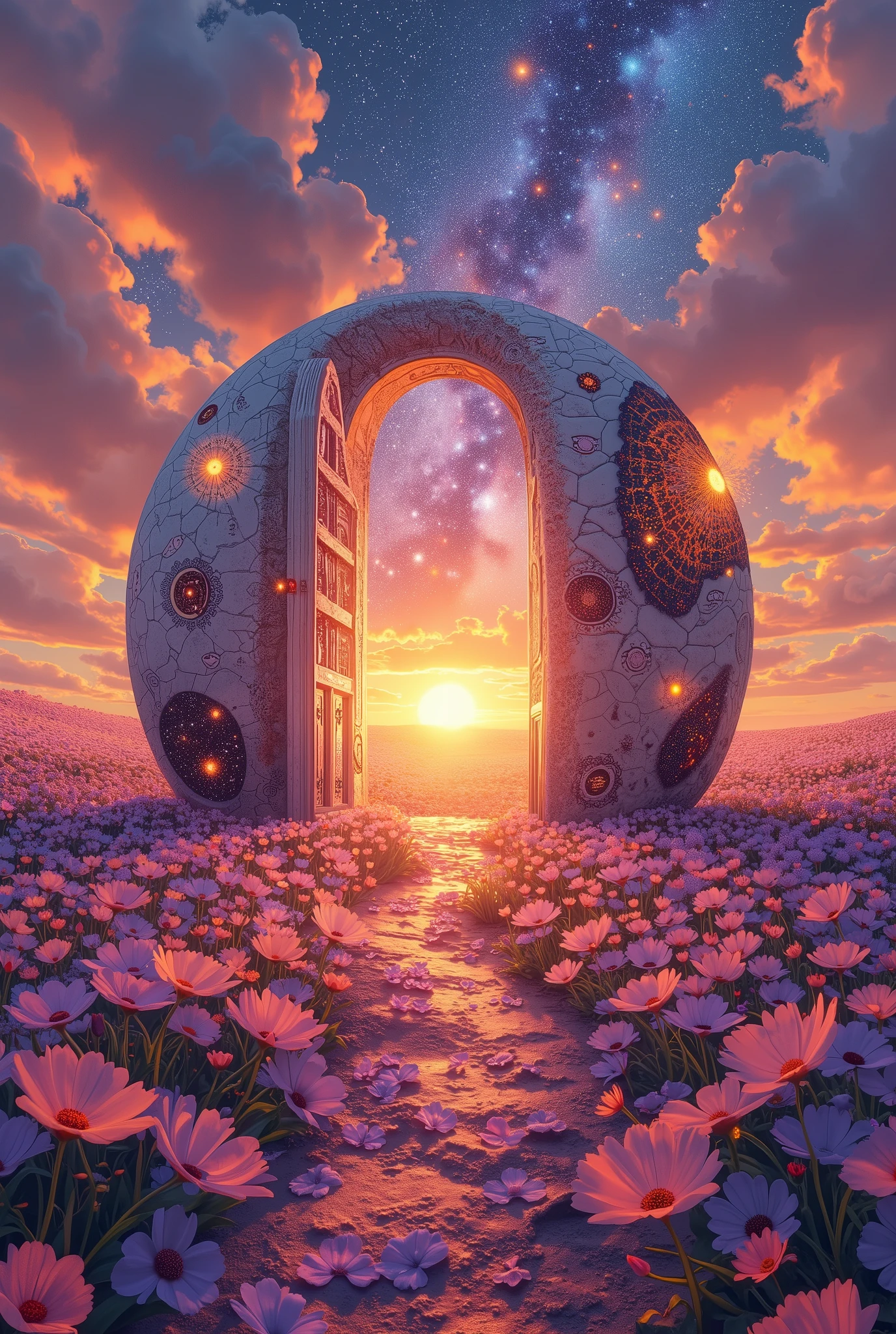 doorway to a field of flowers with a sunset in the background, doors that are cosmic portals, surrealism aesthetic, realism | beeple, beeple daily art, recusion beeple, portal to another world, portal to another universe, colorful flat surreal ethereal, beeple masterpiece, beeple colors, artem demura beeple