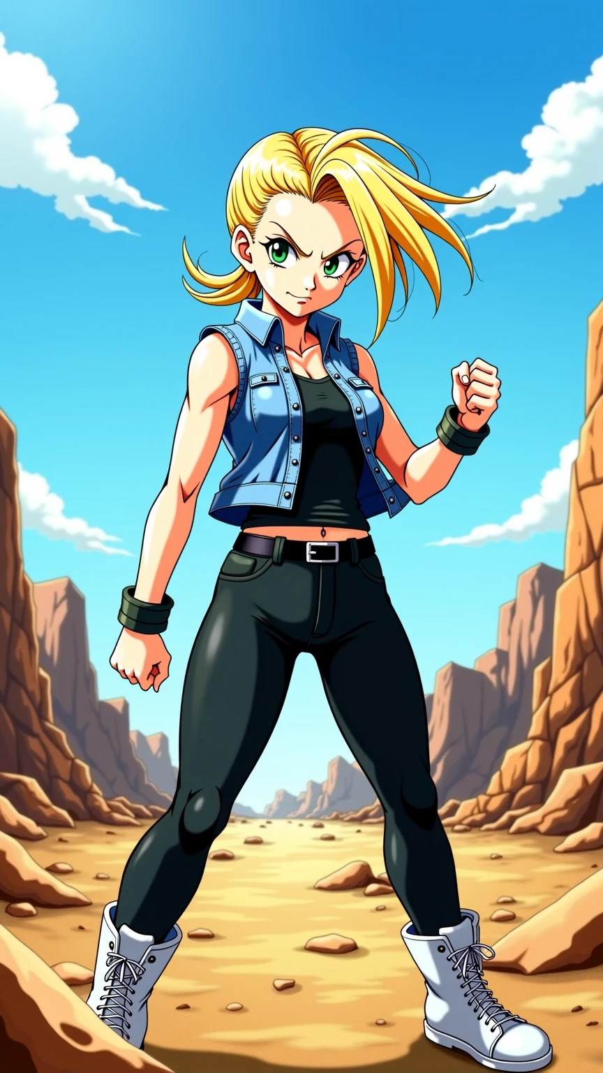 smile、Hands on hips、((B cup boobs))、(((Underbust)))、(big ass)Blonde, ((Super Saiyan 1)), Spiked Hair、Golden eyebrows、Green Eyes、Skin luster、