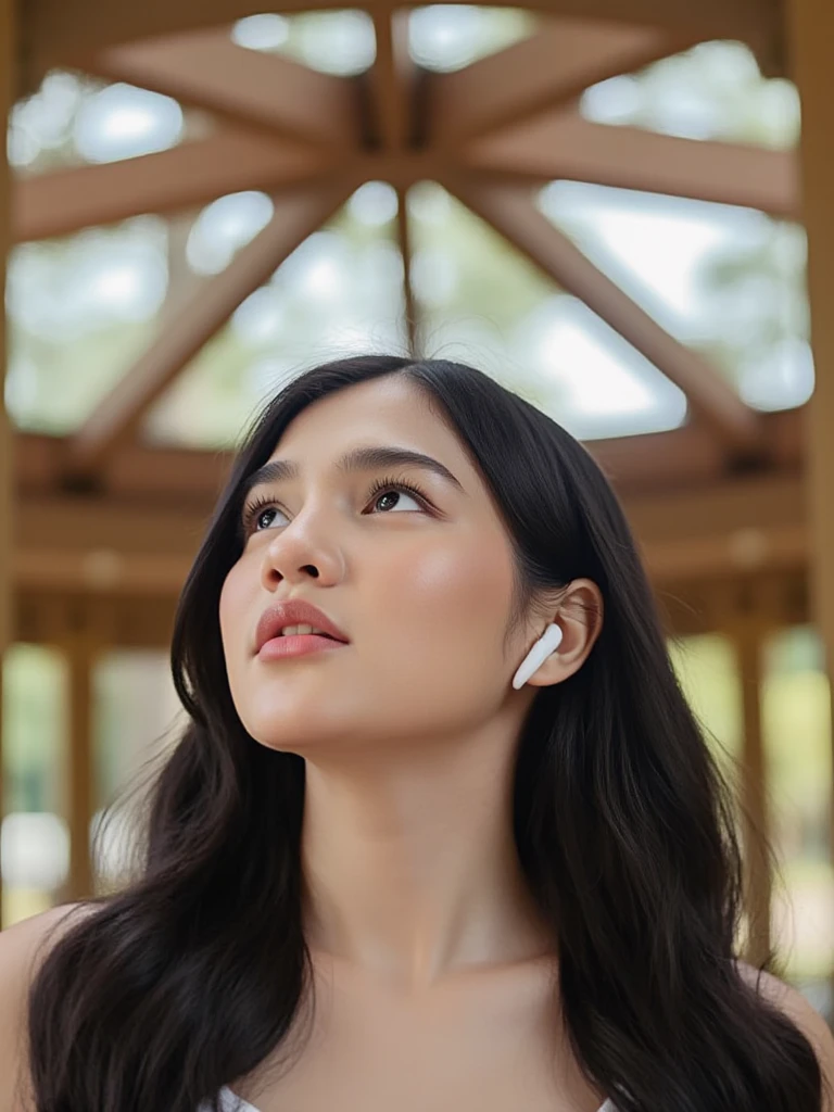 (best quality:1.4), (ultra highres:1.2), (photorealistic:1.4), (8k, RAW photo:1.2),(portrait shot:1.3), airpods,earphones, 1girl, solo, long hair, upper body, earbuds, from side, outdoors, jacket, open jacket, denim jacket, white tank top, rouge, film grain, <lora:airpods-000001:0.55>,  <lora:InstantPhotoX3:0.5>