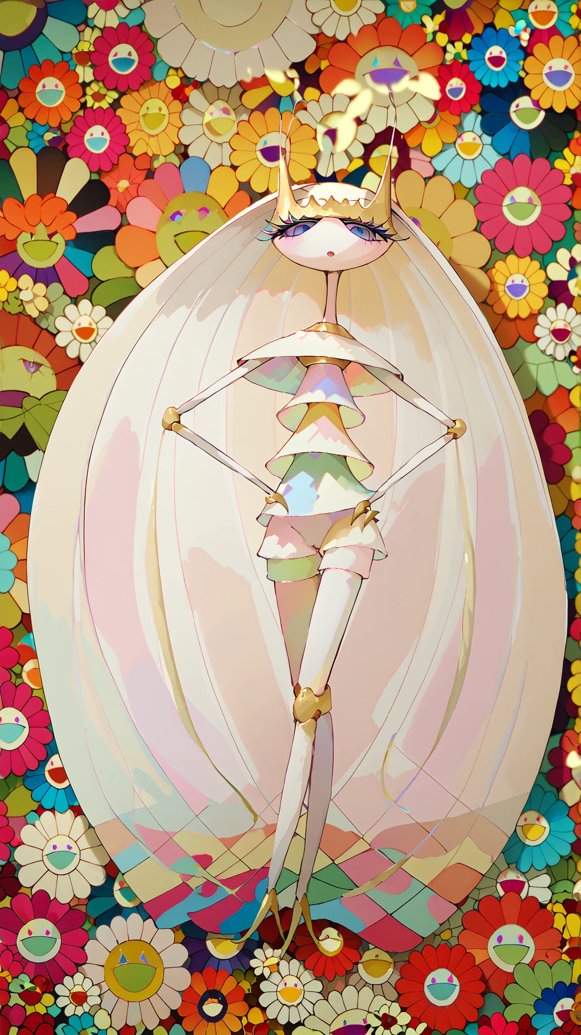 in style of Takashi Murakami ,((Flower-patterned pheromosa:1.6)),(harmony of flower), intricate digital painting, (mechanical flower), highly intricate and colorful, dark but detailed digital art, Highly detailed symmetry, detailed digital artwork, Symmetrical intricate details, plethora of colors,colorful intricate masterpiece,(Geometric pattern background:1.5),frontage、Sticker style,