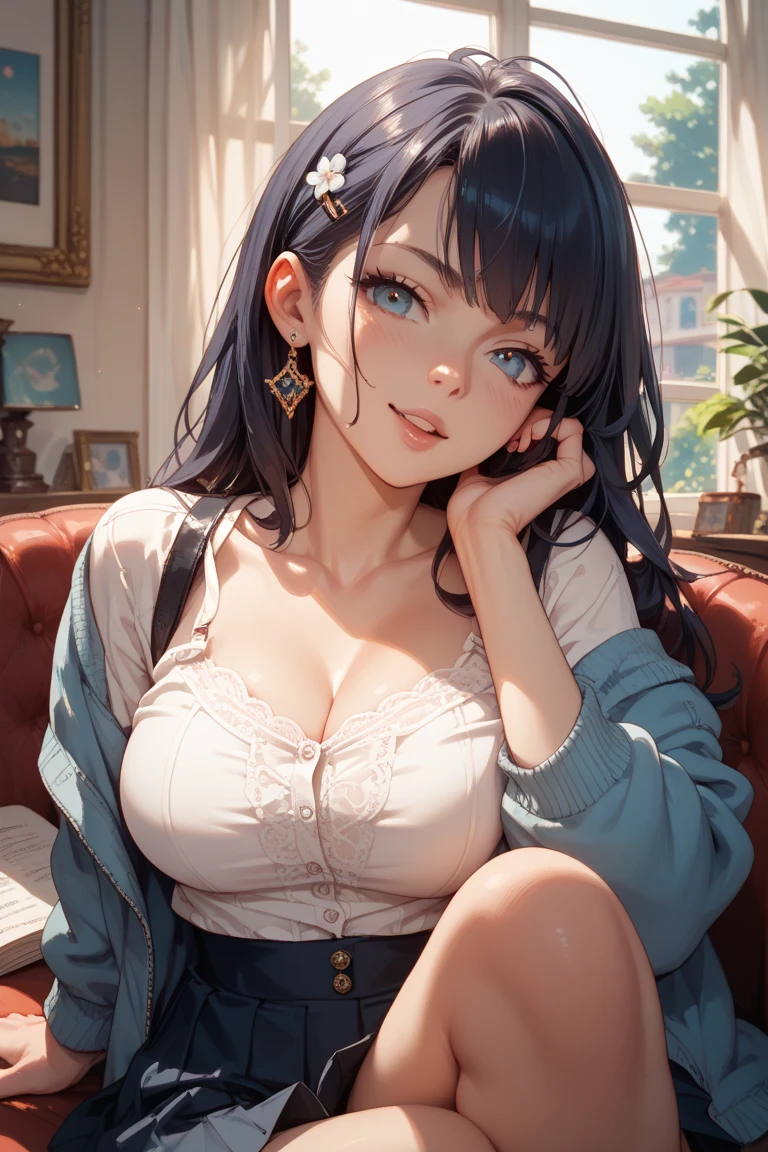 A young woman of ahe 18with long, straight black hair stands with a mischievous grin in a cozy, softly-lit room. Her cheeks are slightly flushed, hinting at a playful, lewd state of mind. She is wearing a white, fitted blouse that subtly accentuates her figure, with the top buttons undone to reveal a hint of lace underneath. Her sleeves are rolled up to her elbows, adding to the relaxed and inviting atmosphere. The background features a warm, stylish room decorated with creative trinkets and photography books, illuminated by the soft glow of fairy lights. She holds a camera loosely in one hand, as if caught between taking a photo and indulging in a moment of playful teasing. Her gaze is directly at the viewer, with a twinkle in her eye and a suggestive smile, inviting them to share in her secret mischief.with a leaning forward posture
In Anime Look