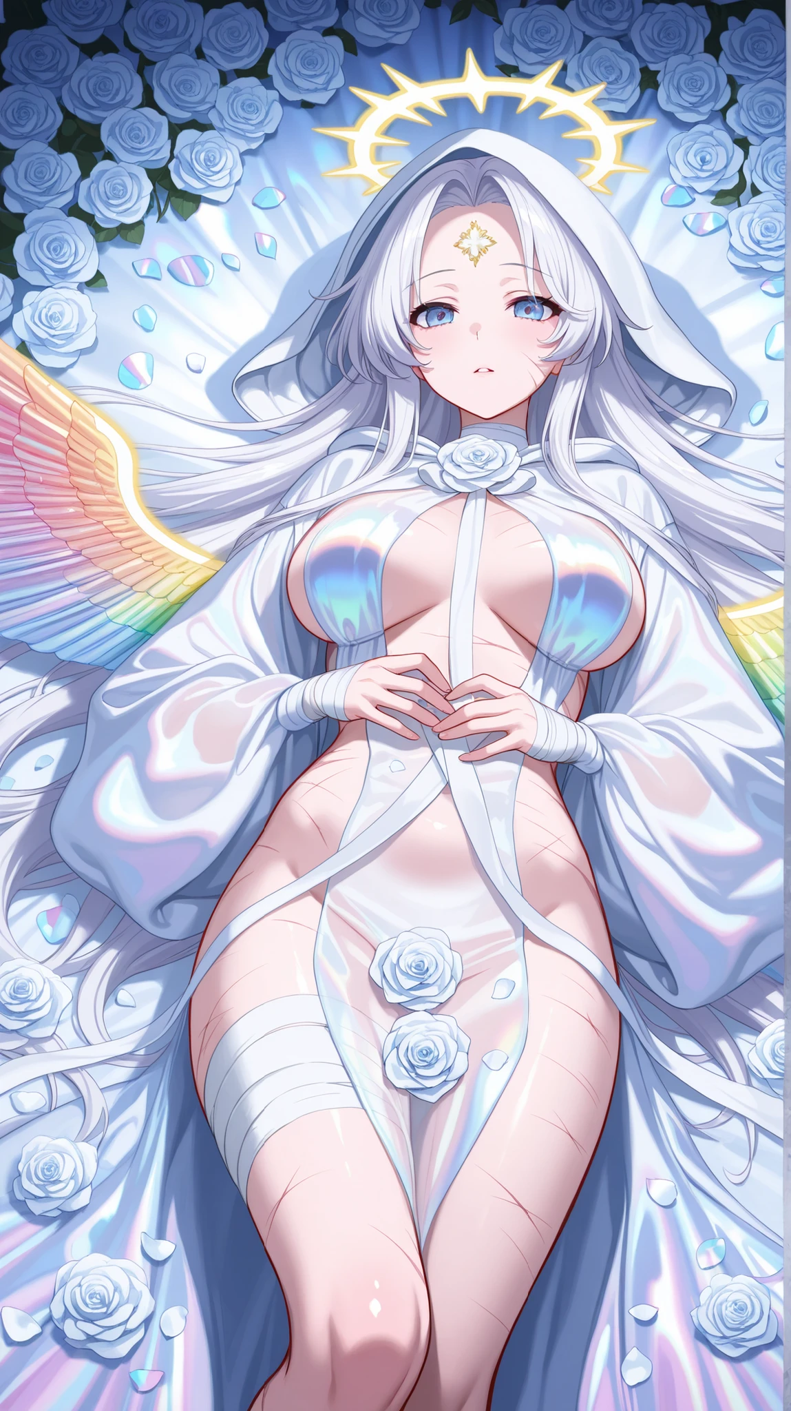 (masterpiece:1.37), best quality, (extremely detailed:1.37), (1girl:1.5), woman, (mature:1.5), (adult:1.5), jingliu, white hair, long hair, ponytail, hair ribbon, red eyes, earrings, jewelry, naked, nude, (pussy slit:1.5), (extremely detailed eyes:1.37), embarrassed, humiliation, blushing, angry, cherry blossoms, garden, (golden hour:1.5), full body, nipples