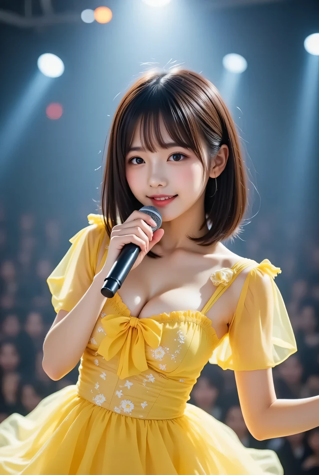 Japanese idol performing on illuminated stage, 18yo,wearing  yellow idol costume. Her vibrant idol costume features of yellow, adorned with floral and star patterns, and ribbon details. She has medium-long black hair and a fair complexion. Dynamic pose mid-dance, radiant genuine smile, hold the microphone. Professional concert photography with spotlight beams creating ethereal glow. Crystal clear bokeh effect from audience lights. Shot with Sony A7III, concert lighting, f/2.8.
