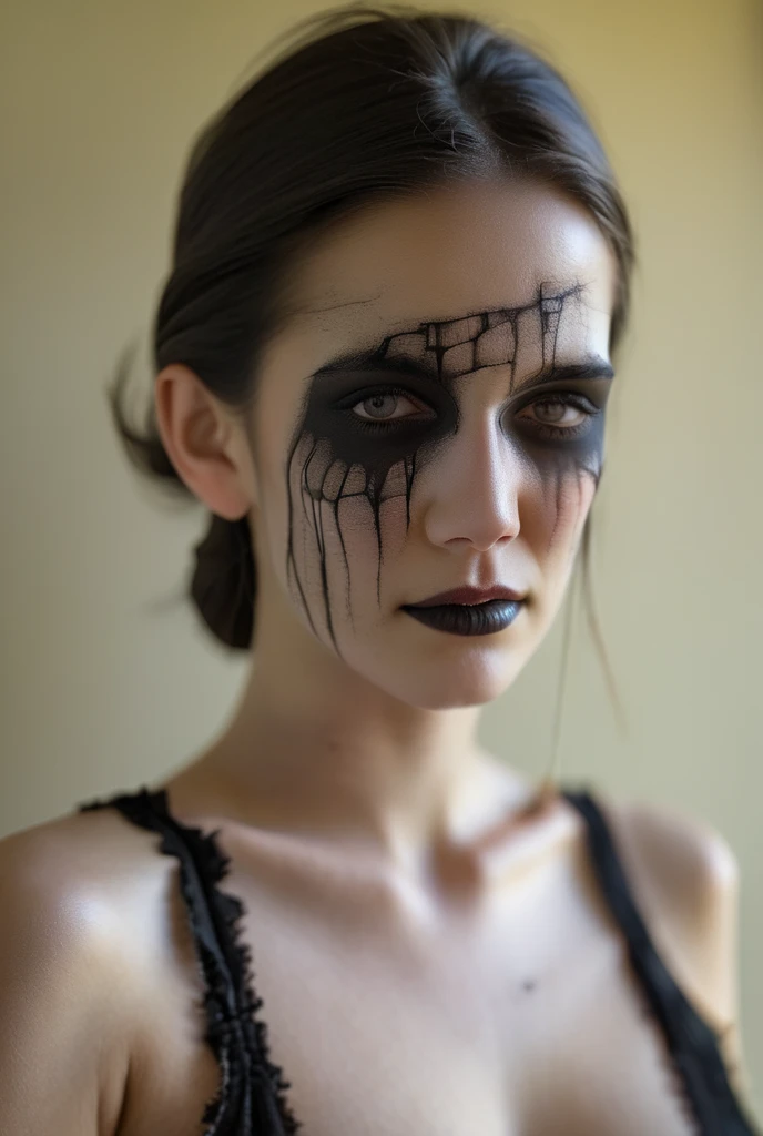 macabre naked Emo goth girl, twin ponytails, intricate details, (intricate design), dead eyes, (necro), (detailed exposed bare nipple breasts), abstract fragments,