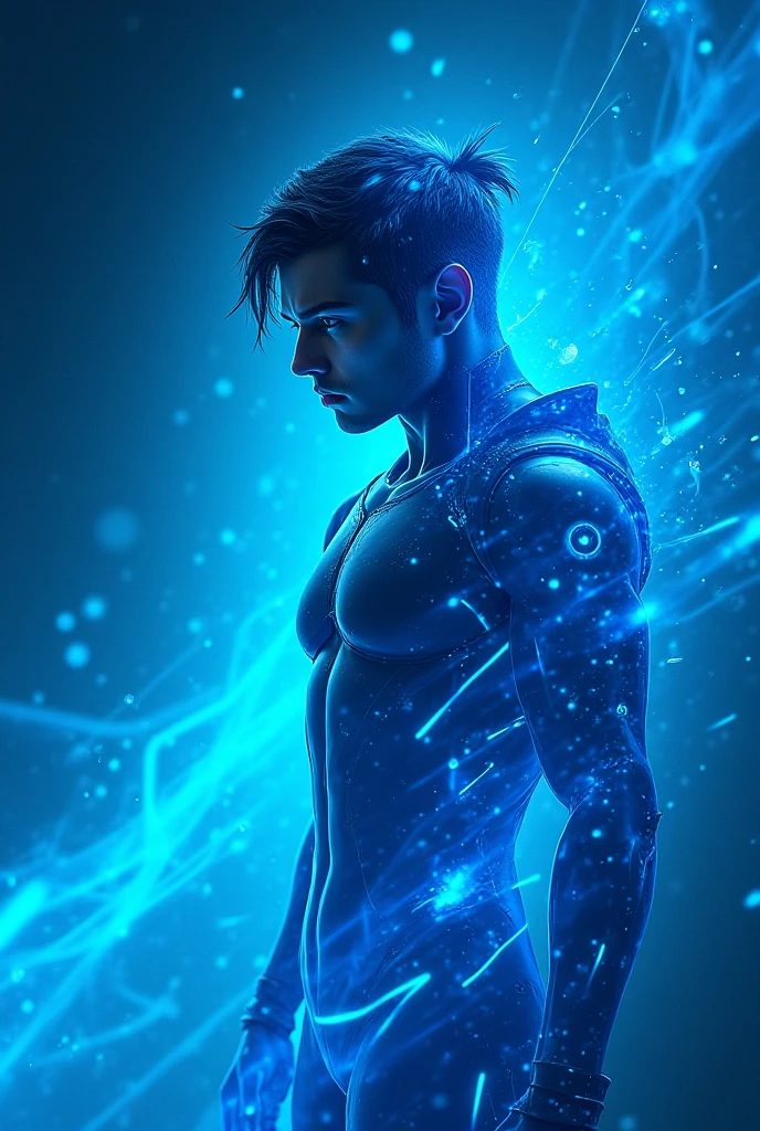 A male figure with ethereal outlines inside a glass column, blue light, blue smoke, fantasy, (best quality, 4k, highres, ultra-detailed, realistic:1.37), portraits, vivid colors, sharp focus, studio lighting.