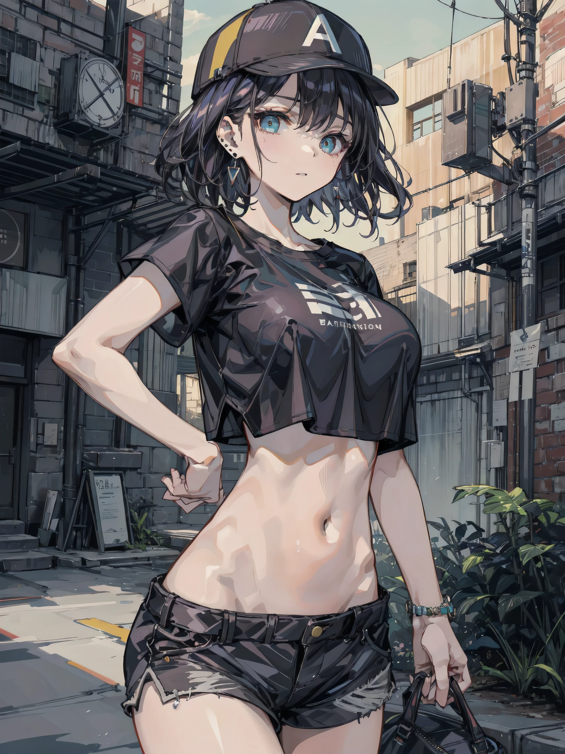 ideal ratio body proportions, adult body, very Slim body, narrow waist, very small head, very small face, delicate facial features, earring, ((very huge round breasts)), medium short hair, wavy hair, ((black hair)), sexy, erotic, seductive, Sensual, outdoor, baseball cap, black T-shirt, crop top, shorts,
