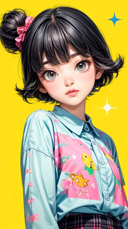 masterpiece,Highest quality,(Popart Style),Flat Color,Cute doodles,Hilarious, Honor student, 10 years old,Short length,Curly Hair, Twin tail hair,Vibrant, inquisitive eyes,freckles,Thick eyebrows,Very short stature,Thin thighs,Oversized white printed t-shirt,Short Denim Mini Skirt,Open Fly,sneakers, Flower-like scent, Playing with cats,sharp,An illustration:Don'unreadable,