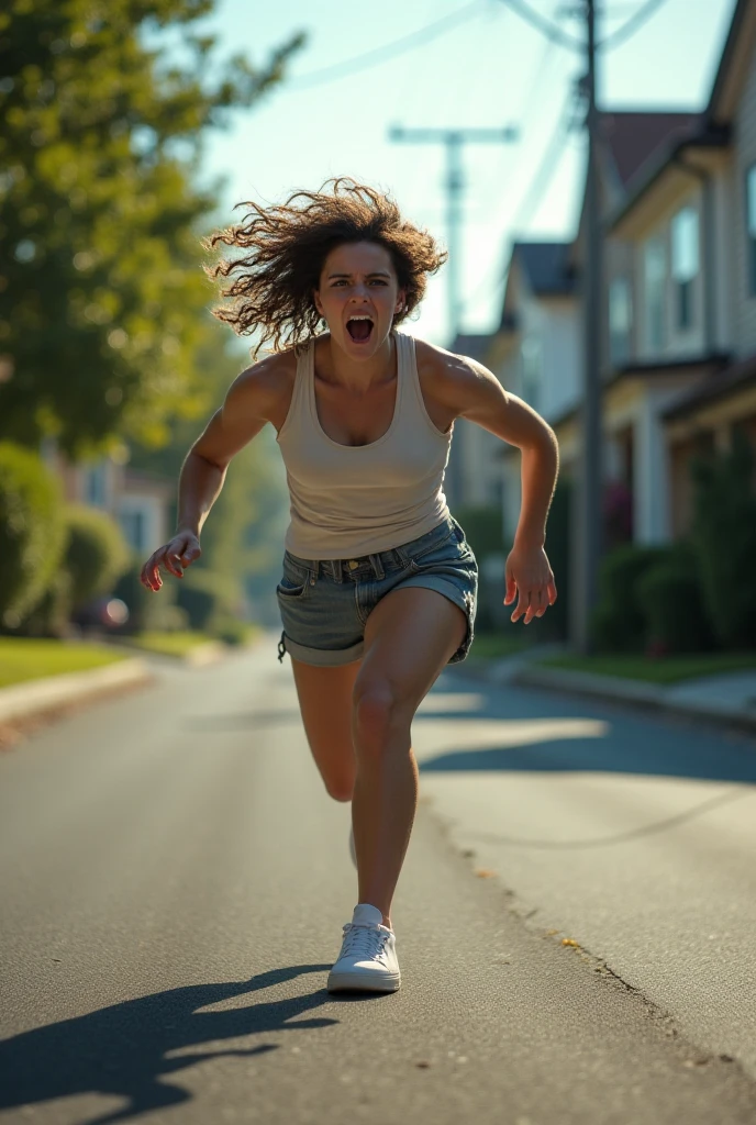 half body image of a woman running in a forest, shouting, ((with motion blur lines around her head)),