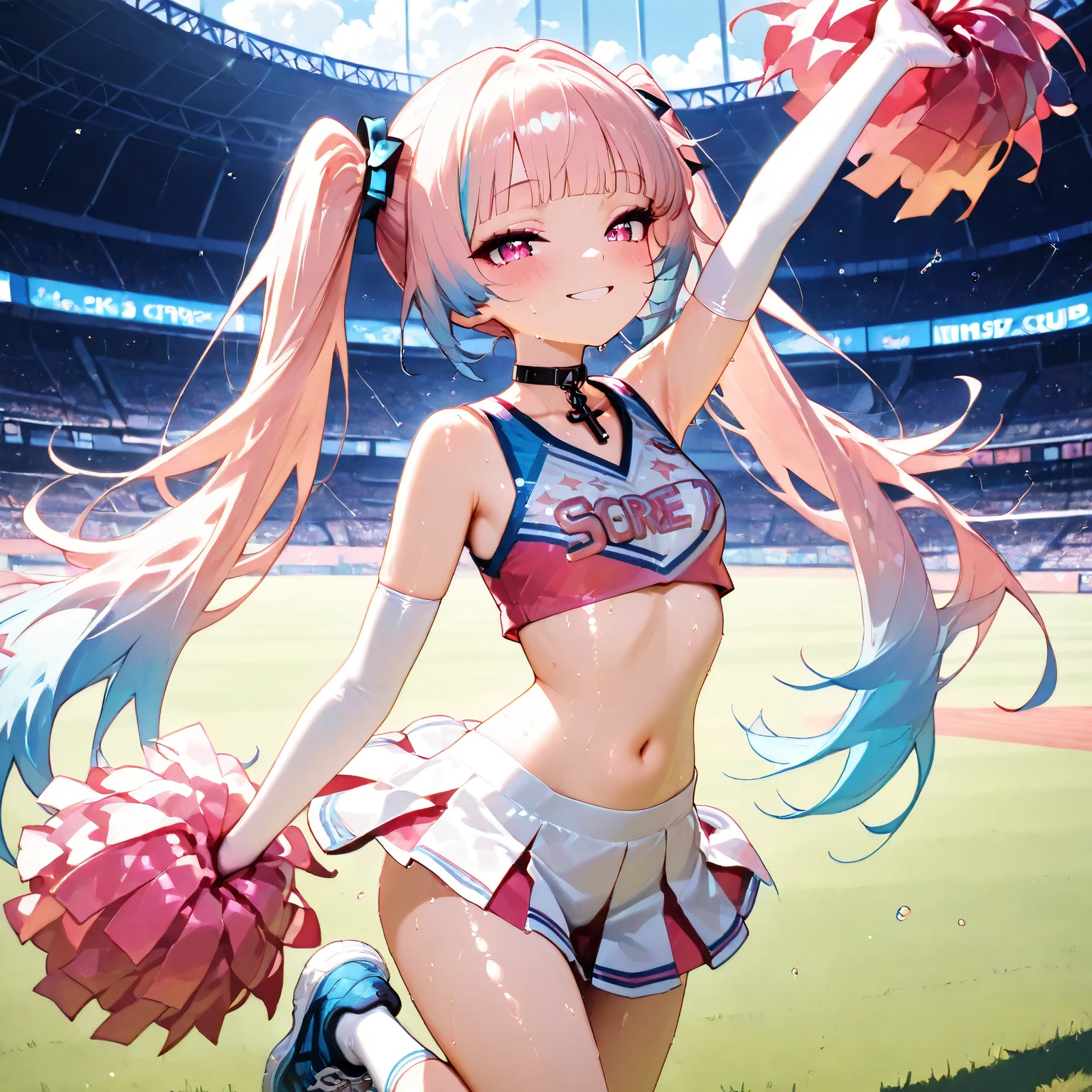 (masterpiece), best quality,masterpiece, ultra detailed, highres,(light rays),best quality, pink shirt, white skirt,baseball stadium, dynamic pose,(loose socks), sneakers,heart choker,((cleavage cutout)),((heart cutout)), big hair, small breasts, cleavage,
bache, 1girl, solo, breasts, looking at viewer, blush, smile, skirt,standing,heart, sweat, outdoors, sky, day, armpits, blue sky, symbol-shaped pupils, standing on one leg, cheerleader, pom pom (cheerleading),+ +, <lora:bache_azur_lane-09:1>