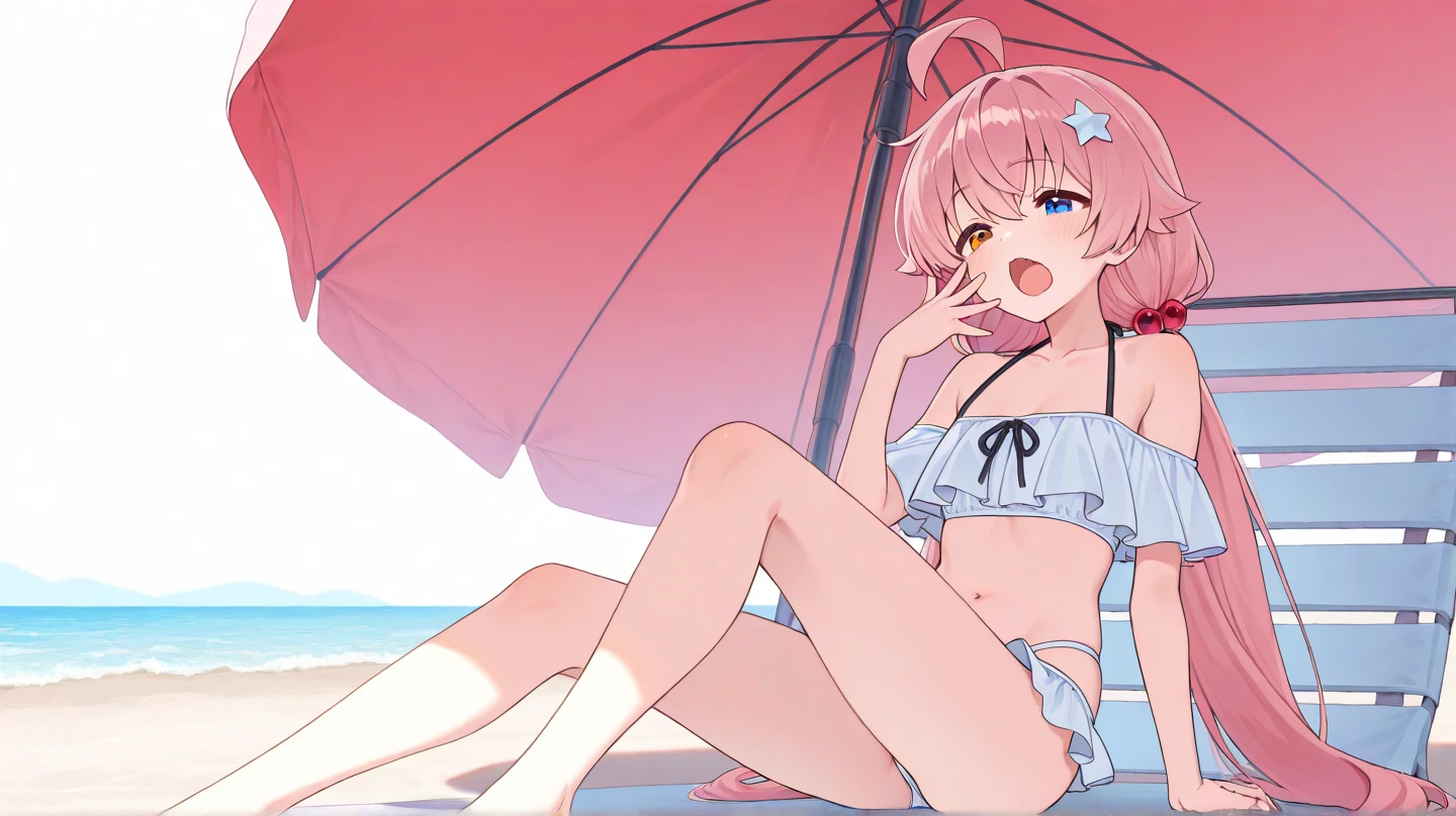 girl with, smile, Pink hair、PastelColors、Cute、blush, tiny chest, summer, passenger ship, swim suit, put on jacket