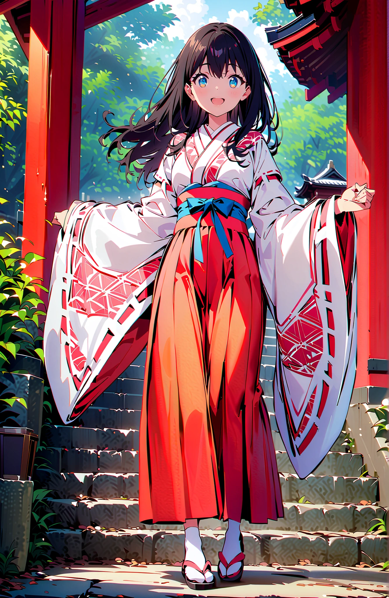 score_9, score_8_up, score_7_up, source_anime, It's because of Rikkata, black hair with a young pattern, blue eyes, long hair, orange scrunch, scrunchie, Wrist Scrunches , smile,cover,Open Your Mouth,Orange wrist scrunch, Shrine maiden, kimono, object, Red Hakama Skirt , Wide Sleeves, long sleeve, ribbon trim sleeve,Sandals, white socks, standing on a stone staircase,noon,full bodyがillustrationsに入るように,break outdoors, shrine,
break looking at viewer,full body,
break (masterpiece:1.2), Best Quality, high resolution, Unity 8k 壁紙, (illustrations:0.8), (beautiful detailed eyes:1.6), very detailed face, so that it fits into the illustration, Extremely Detailed CG, (perfect hand, perfect anatomy),