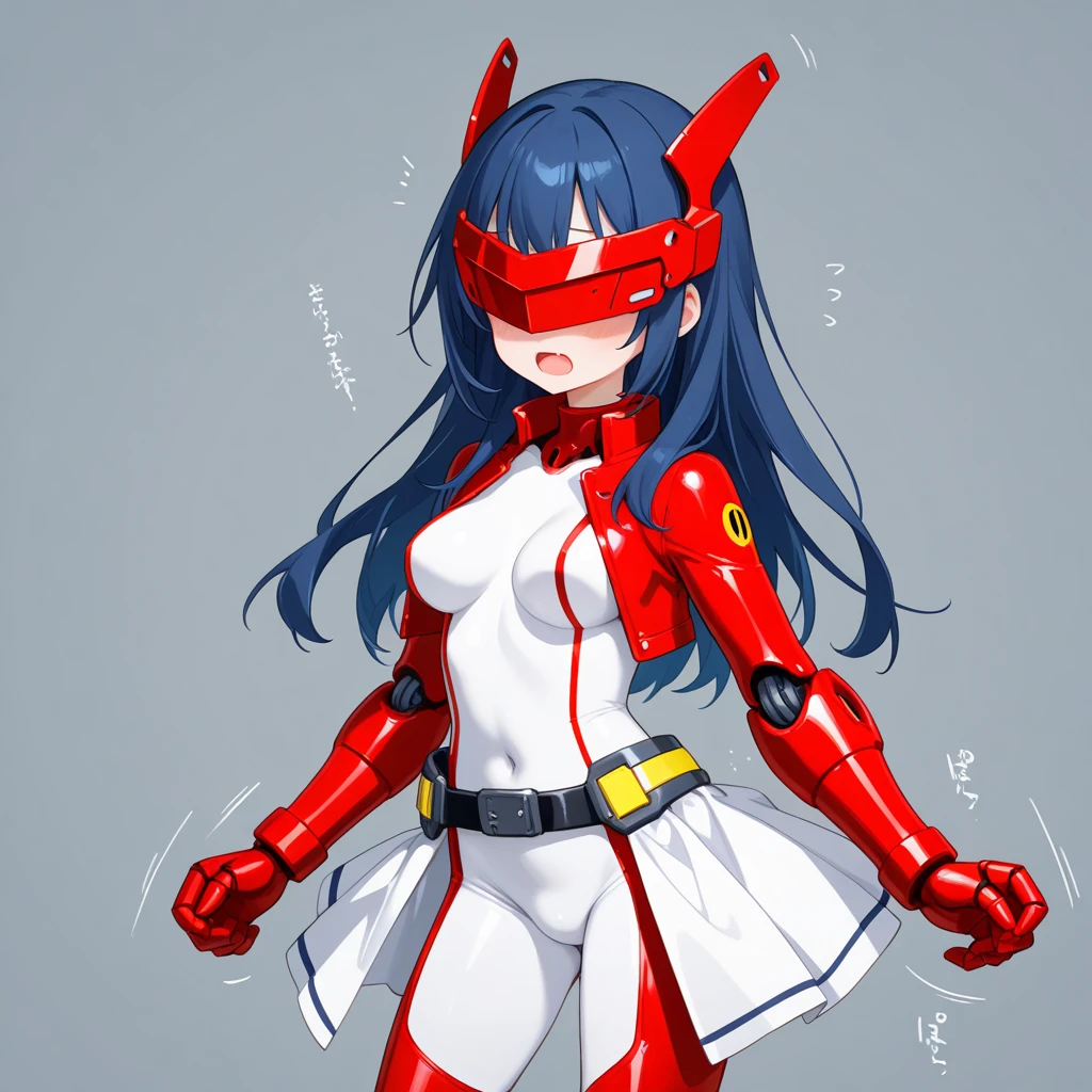 Blue skinned Japanese girl、Close-up of a girl in a red and black leotard、Red and black shiny leotard、Black boots、Wearing a belt around the waist、Saiyan Girl, wonderful, Nano Girl, Female body type, Inspired by Hiromu Arakawa, Anime Manga Robot!! Anime Girls, Fubuki, Full Body Suit, by Hiromu Arakawa、wonderful, silk, Beautiful and attractive anime teen, Anime Girls of the future, tears,Drooling,Pee,Sweat,Tongue out,incontinence,Peeing,Mouth open and tongue out,Estrus,Eyes wide open,Estrus,Blushing,Nipples are erect,Face is hot,Lust、Mouth wide open and tongue sticking out、incontinence、My crotch is wet、Crying face、Drooling、Red face paint on the upper half of the face、Red face paint on chin