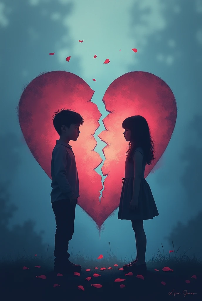 A blue-eyed blonde boy staring at a green-eyed light brown-haired girl both holding a broken heart