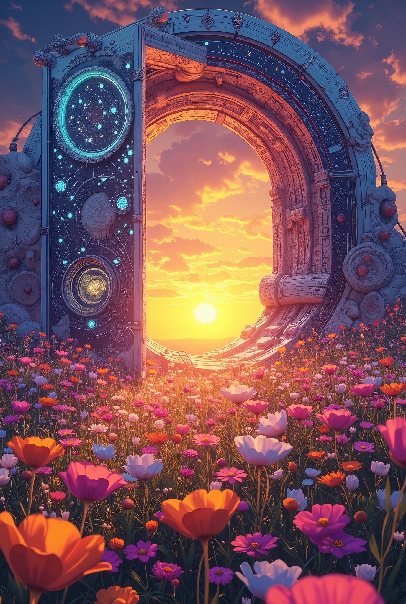 doorway to a field of flowers with a sunset in the background, doors that are cosmic portals, surrealism aesthetic, realism | beeple, beeple daily art, recusion beeple, portal to another world, portal to another universe, colorful flat surreal ethereal, beeple masterpiece, beeple colors, artem demura beeple