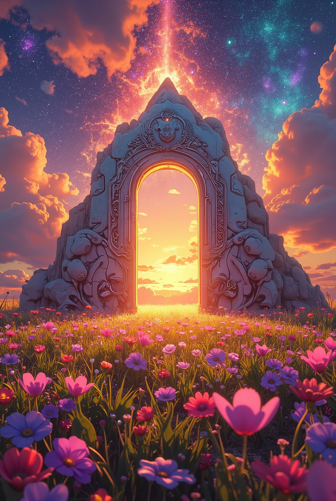 doorway to a field of flowers with a sunset in the background, doors that are cosmic portals, surrealism aesthetic, realism | beeple, beeple daily art, recusion beeple, portal to another world, portal to another universe, colorful flat surreal ethereal, beeple masterpiece, beeple colors, artem demura beeple