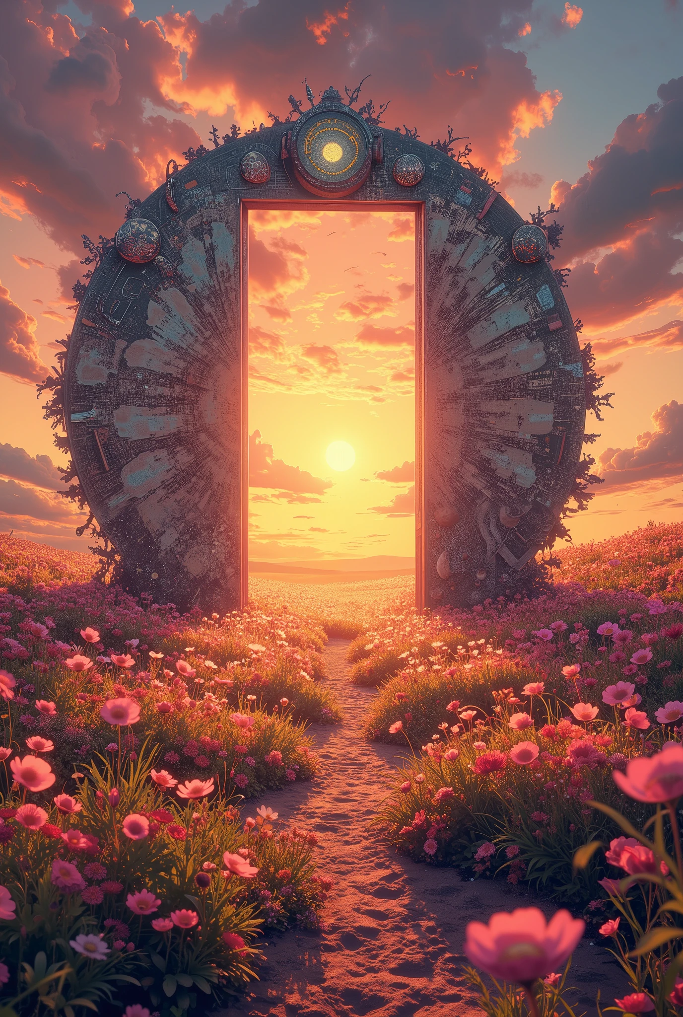 doorway to a field of flowers with a sunset in the background, doors that are cosmic portals, surrealism aesthetic, realism | beeple, beeple daily art, recusion beeple, portal to another world, portal to another universe, colorful flat surreal ethereal, beeple masterpiece, beeple colors, artem demura beeple