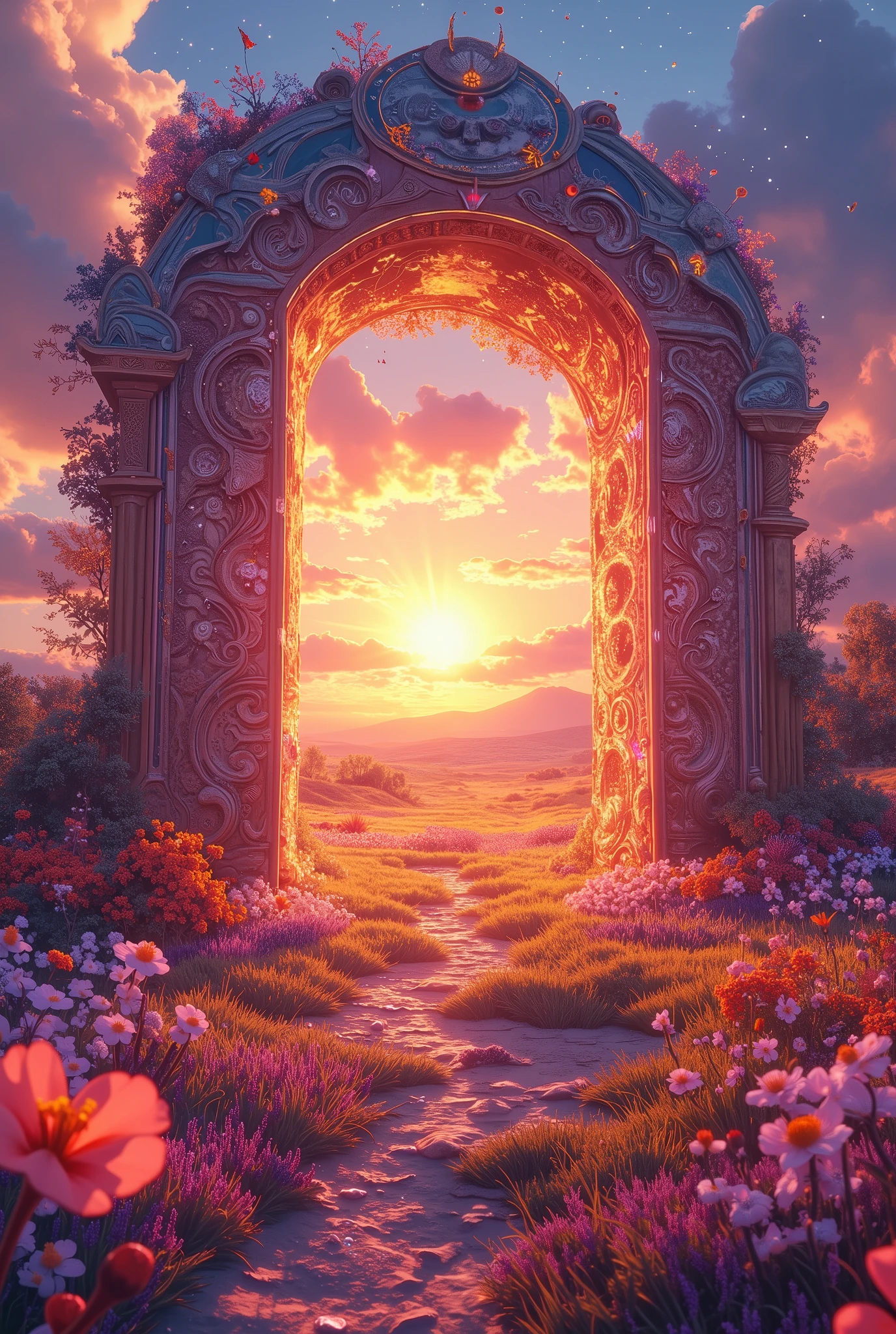 doorway to a field of flowers with a sunset in the background, doors that are cosmic portals, surrealism aesthetic, realism | beeple, beeple daily art, recusion beeple, portal to another world, portal to another universe, colorful flat surreal ethereal, beeple masterpiece, beeple colors, artem demura beeple