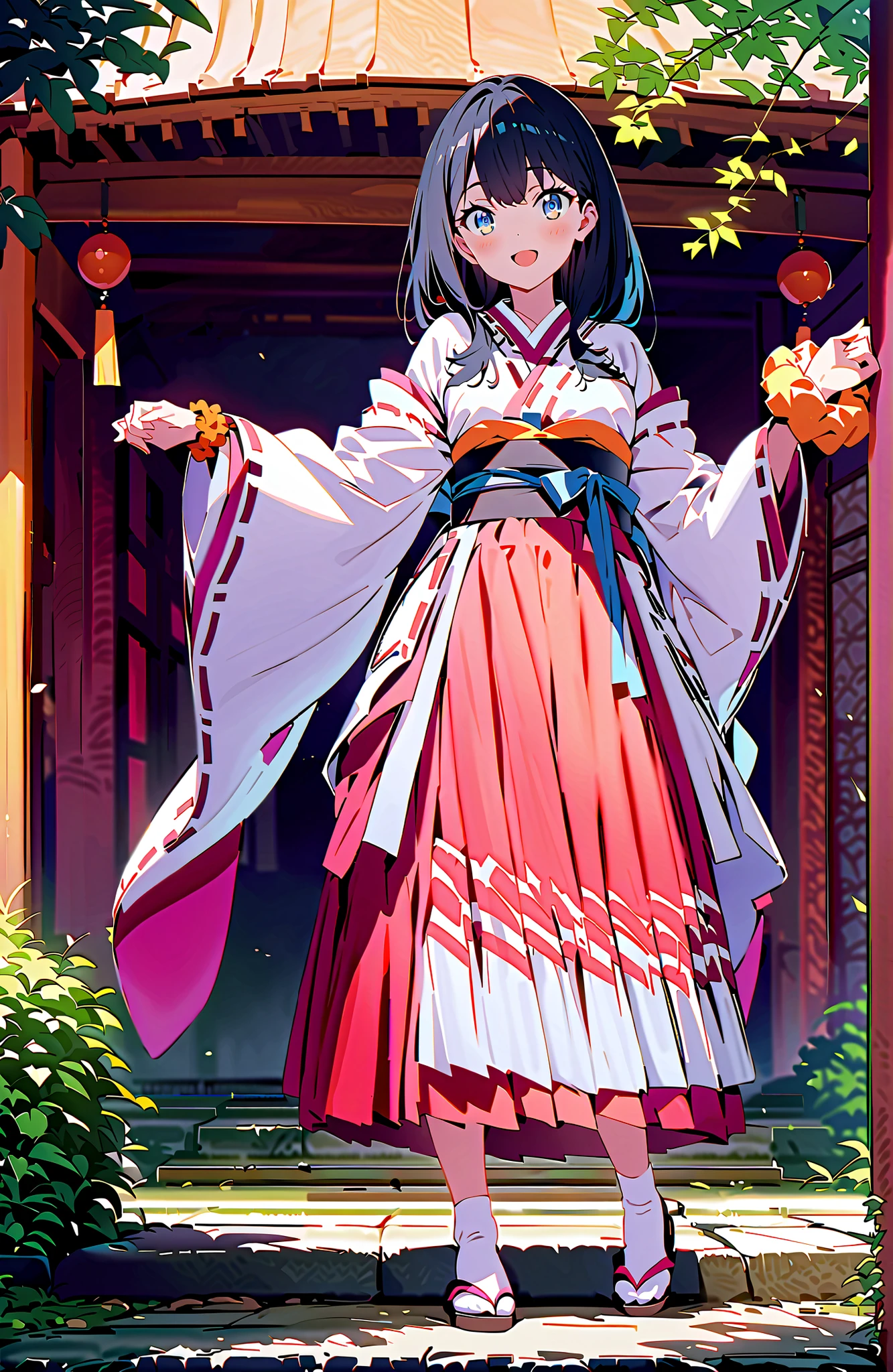 score_9, score_8_up, score_7_up, source_anime, It's because of Rikkata, black hair with a young pattern, blue eyes, long hair, orange scrunch, scrunchie, Wrist Scrunches , smile,cover,Open Your Mouth,Orange wrist scrunch, Shrine maiden, kimono, object, Red Hakama Skirt , Wide Sleeves, long sleeve, ribbon trim sleeve,Sandals, white socks, standing on a stone staircase,noon,full bodyがillustrationsに入るように,break outdoors, shrine,
break looking at viewer,full body,
break (masterpiece:1.2), Best Quality, high resolution, Unity 8k 壁紙, (illustrations:0.8), (beautiful detailed eyes:1.6), very detailed face, so that it fits into the illustration, Extremely Detailed CG, (perfect hand, perfect anatomy),