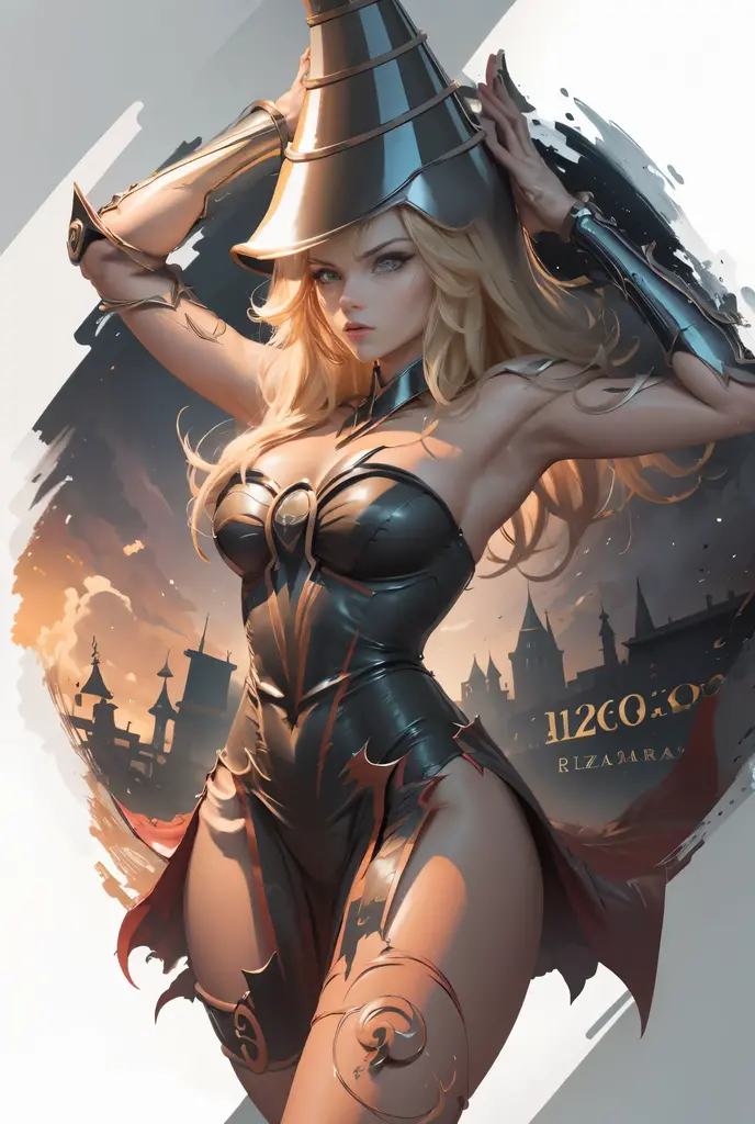 (8k,fotorrealista　Raw photography　highest qualityr;1.4) 　(1chica en)　super beauty　(cara realista)　cuerpo femenino 　(Rubia de rizos largos)　Hold a black and red magic wand　Escena de combate　Magic hat with black and gold exterior　Beautiful expression　Deslumbramiento　(Piel de aspecto real)　(Giles magos oscuros)　Tentador　Super high resolution　Un hiperrealista　Alto detalle　foto de cuerpo completo　restos