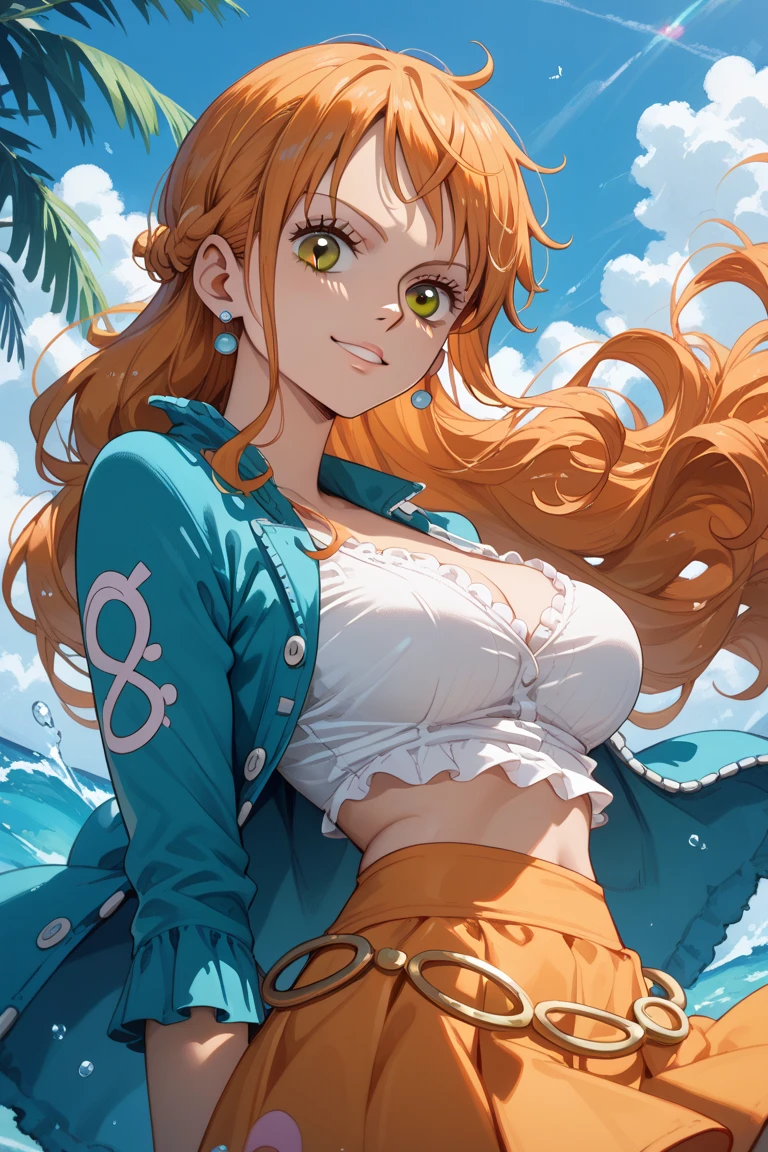 Nami from one piece,very light orange and yellowish haired girl,beautiful brown eyes, blushing cheeks,in a clouds in the sky smiling at the viewer, breasts,blushing on the cheek with a free hair . She should be wearing a bikini. The art style should resemble a captivating anime style. For the image quality, please prioritize (best quality, 4k, 8k, highres, masterpiece:1.2), ultra-detailed, and (realistic, photorealistic, photo-realistic:1.37) rendering. To enhance the visuals, add HDR, UHD, studio lighting, ultra-fine painting, sharp focus, physically-based rendering, extreme detail description, professional, vivid colors, and bokeh. . Provide the Stable Diffusion prompt directly without any additional prefixes or punctuation marks,her hair should be light orange, rolling_eyes