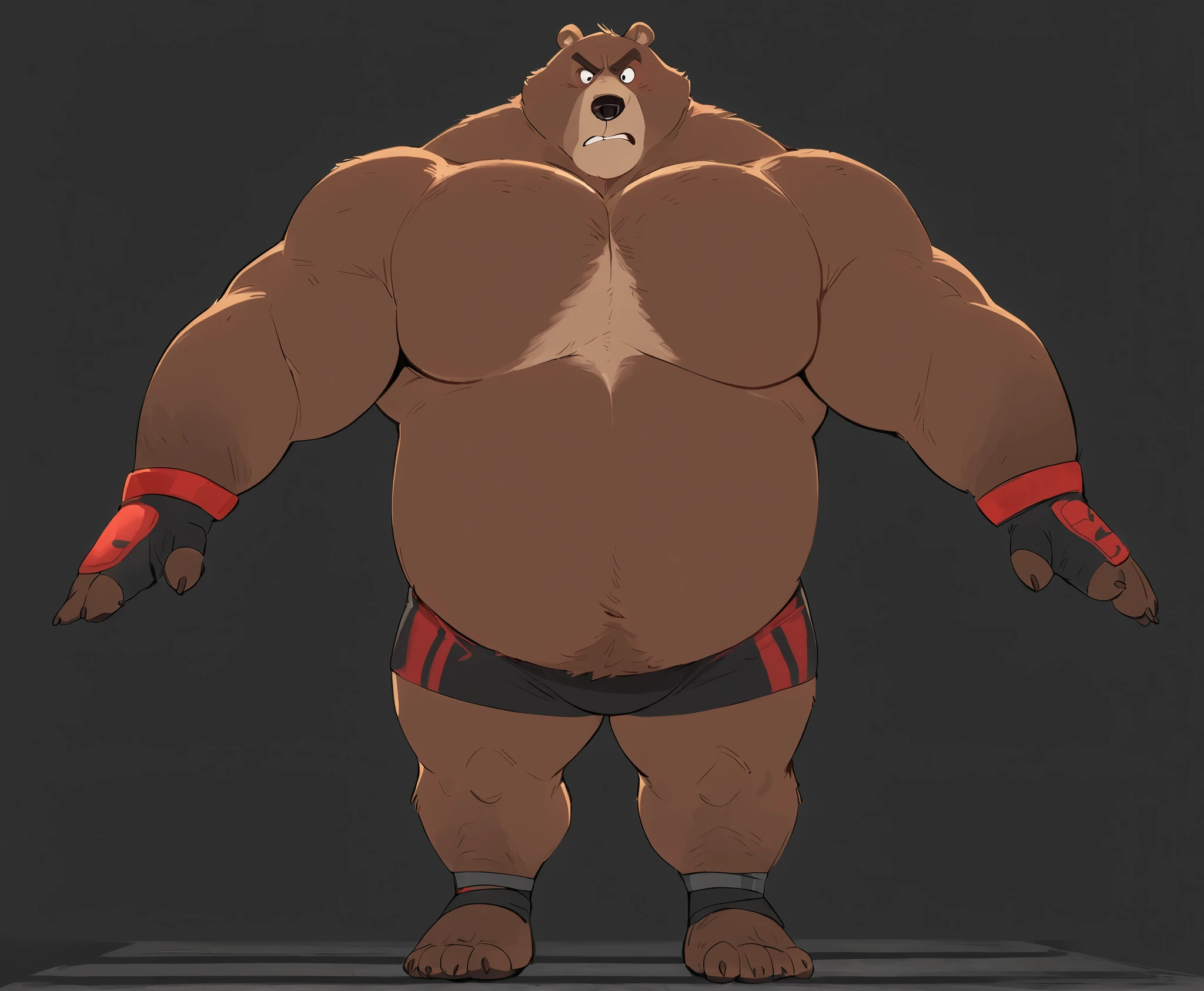 Solo, 1boy, Muscular Old, angry, focus, look at viewer, wide shoulder, pectoral, thick arms, huge pectoral, wide pectoral, a Kodiak brown bear in an MMA shorts with red slits wearing an MMA gloves with red knuckle pads and an ankle support brace as he workouts in the gymnasium warehouse, Walt Disney 2D Zootopia Animation Art Style,