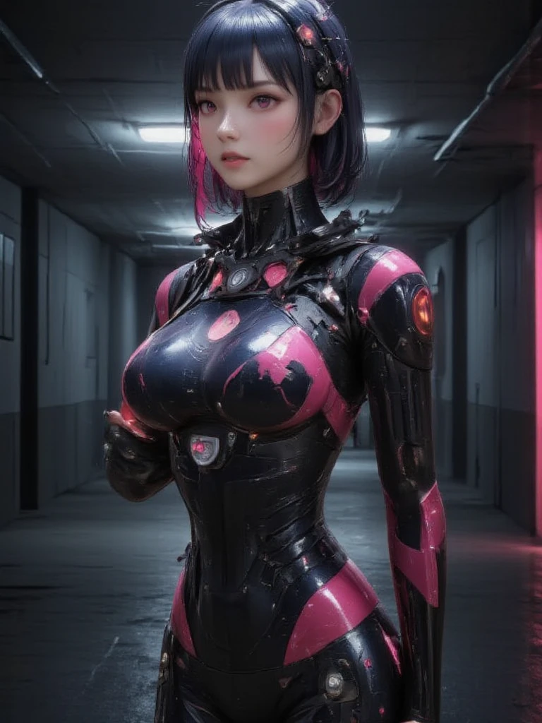 Highest quality, outstanding detail, super high resolution, (realism: 1.4), best illustration, favor details, close-up, a mecha girl, ponytail, with a delicate and beautiful face, ((pink mechanical body: 1.8)), (big breast: 1.2), sexy, standing, frontal, cyberpunk, futuristic, mechanical aesthetics, complex mechanics, background bathroom, virtual engine 5, perfect detail rendering, octane rendering, ultra hd