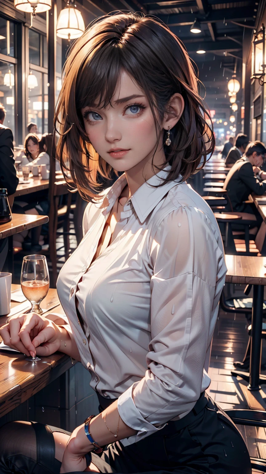 (8k, RAW photo, best quality, masterpiece:1.2), (realistic, photo-realistic:1.37), ultra-detailed,
1 girl,cute, solo,beautiful detailed sky,detailed cafe,night,sitting,dating,(nose blush),(smile:1.1),(closed mouth),large breasts, seductive smile, large aparture, professional lighting, Sony A7R4, Zessie 50mm F1.8,
medium breasts,beautiful detailed eyes,(collared shirt:1.1), bowtie,pleated skirt,(short hair:1.2),floating hair