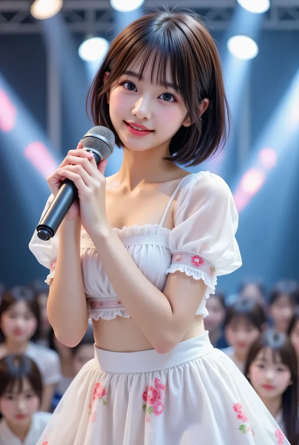 Japanese idol performing on illuminated stage, 18yo,wearing white idol costume. Her vibrant idol costume features of white, adorned with floral and star patterns, and ribbon details. She has medium-long black hair and a fair complexion. Dynamic pose mid-dance, radiant genuine smile, hold the microphone. Professional concert photography with spotlight beams creating ethereal glow. Crystal clear bokeh effect from audience lights. Shot with Sony A7III, concert lighting, f/2.8.